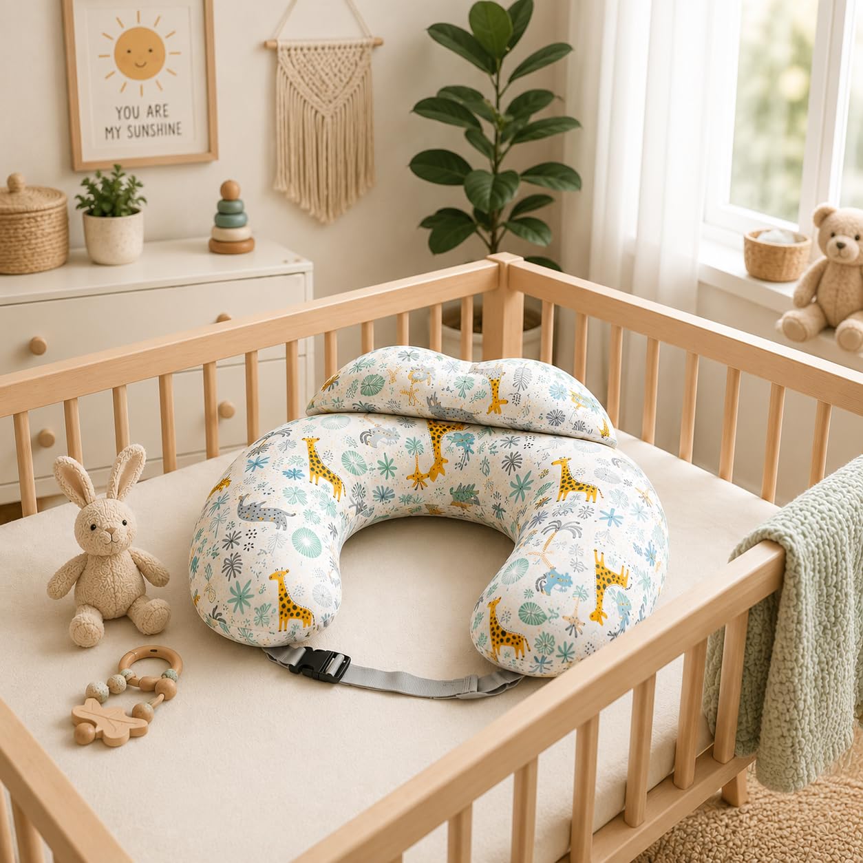 Babymam Coussin d'allaitement avec Ceinture de Sécurité, Allaitement pour Bébé, Bio 100% Coton Déhoussable, Design Safari