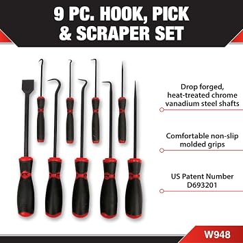 Performance Tool W948 9-Piece Hook, Pick and Scraper Set