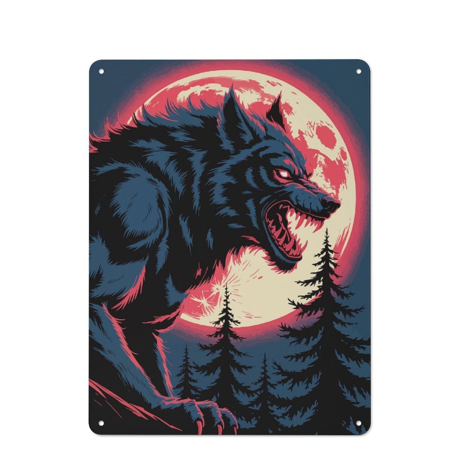 Junmoney Werewolf Howling At The Moon Illustration Metal Sign 40X30cm With For Hallway Wall, Retro Decor, Autumn Home Decor For Collectors Of Metal Signs