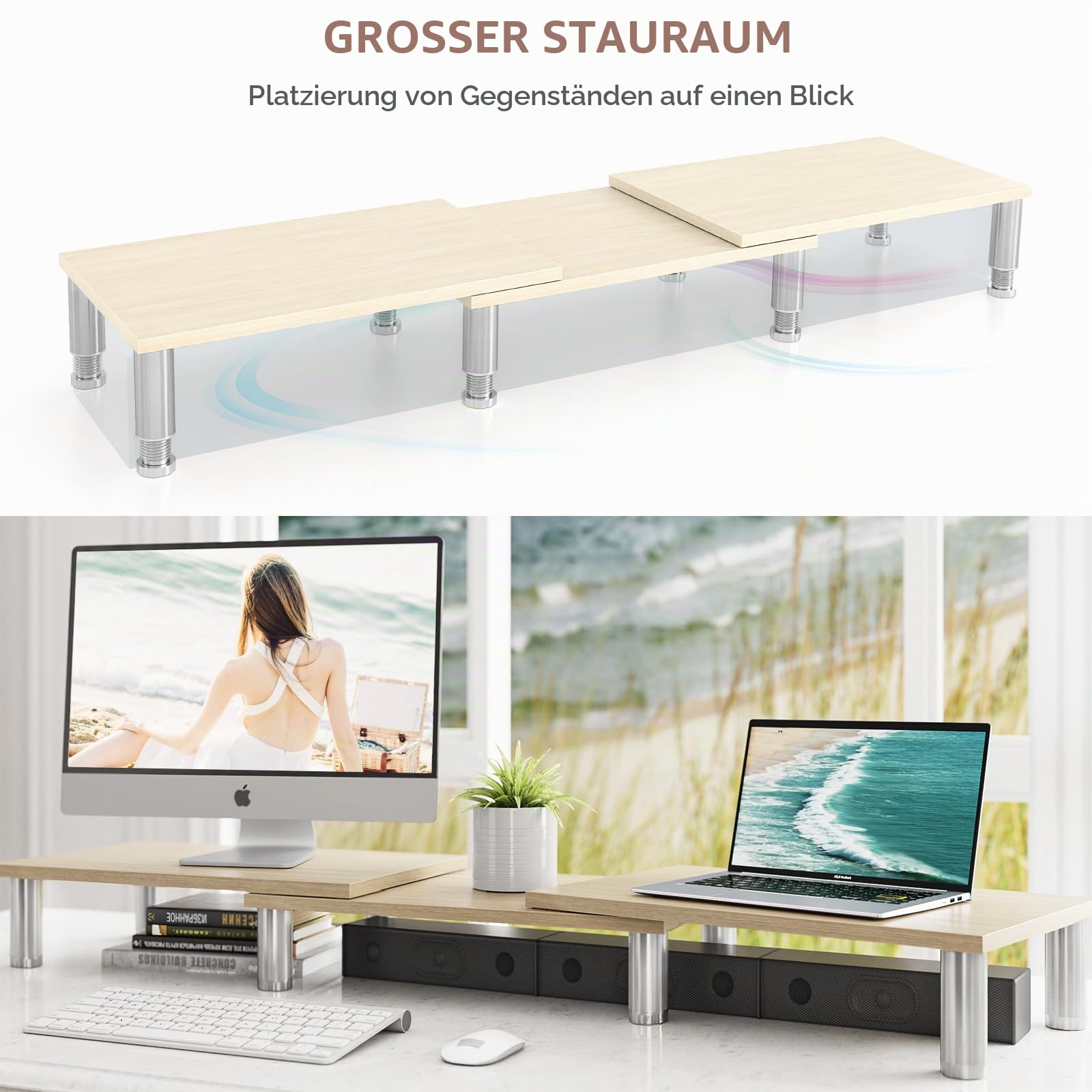 AX Waber Dual Monitor Riser - Einstellbare Länge & Winkel, Holzständer für 2 Monitore mit Stauraum