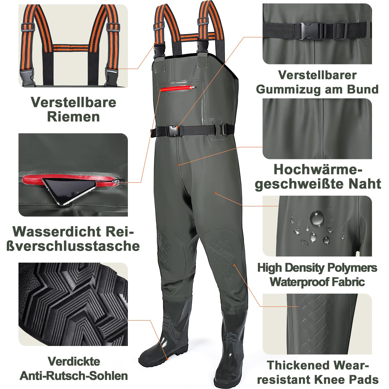 YOOHBERRYS Waders Peche Homme, Waders Pantalons de Pêche avec Poche Poitrine, Pantalons de Waders avec Bottes 42-46, Waders Peche Antidérapants Cadeau pour Amateurs de Pêche e Sportive