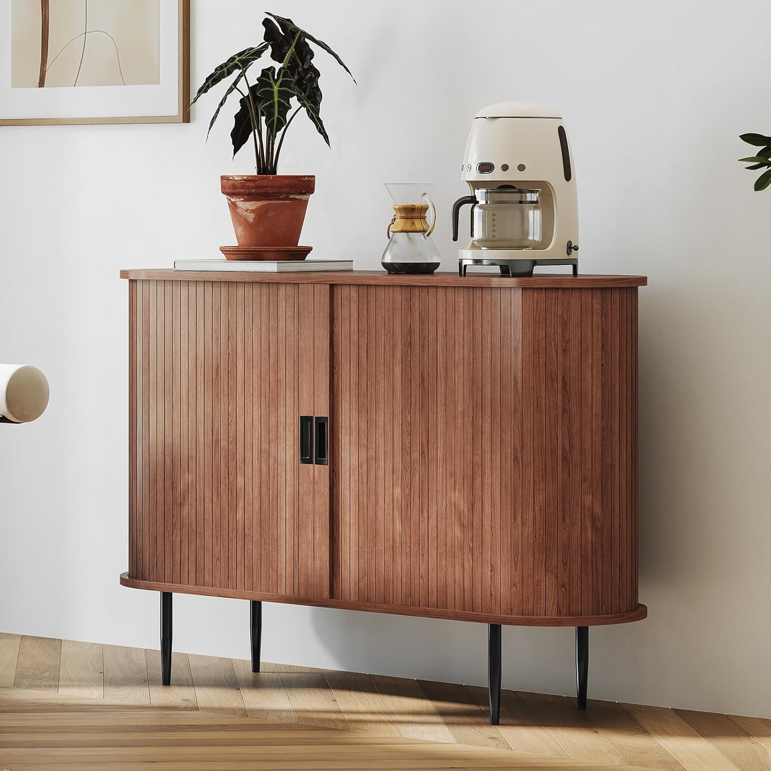 ARTPOWER Sliding Door Sideboard, Space-Saving Hidden Handle Design, Extra Deep Buffet Cabinet for Kitchen & Living Room, Sturdy Storage Console Table for Dining Room, Coffee Bar & Entryway, Brown