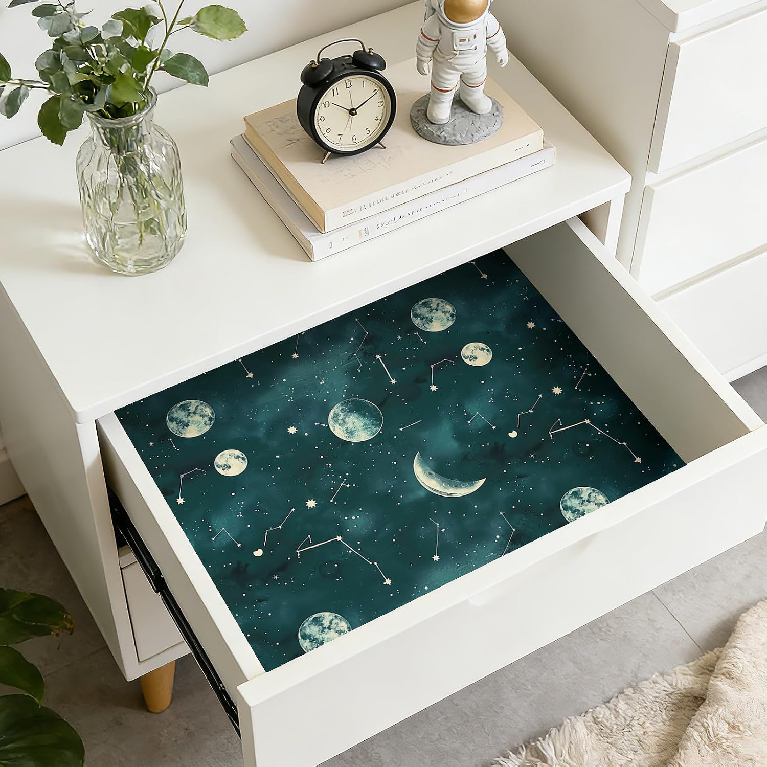 17.5x393 Vintage Celestial Peel and Stick Wallpaper Boho Teal Green Space Wallpaper for Kids Boys Bedroom Renter Friendly Planet Ceiling Night Sky Moon and Star Celestial Contact Paper