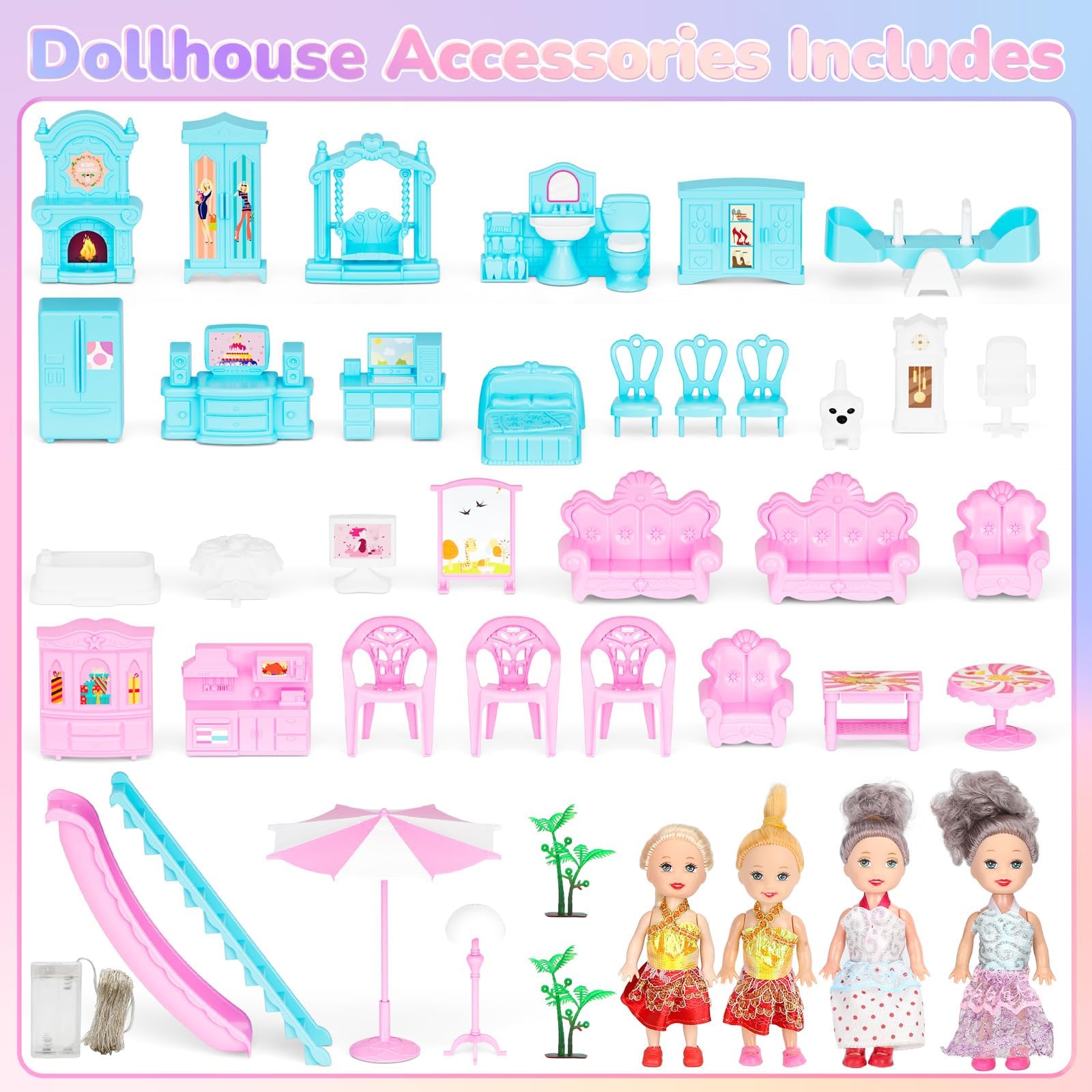 Maison De Poupée 4 étages 11 Pièces Avec 4 Poupées Et Meubles - Lumières Clignotantes - Jouet Fille 3 à 8 Ans - Cadeau Anniversaire Noël