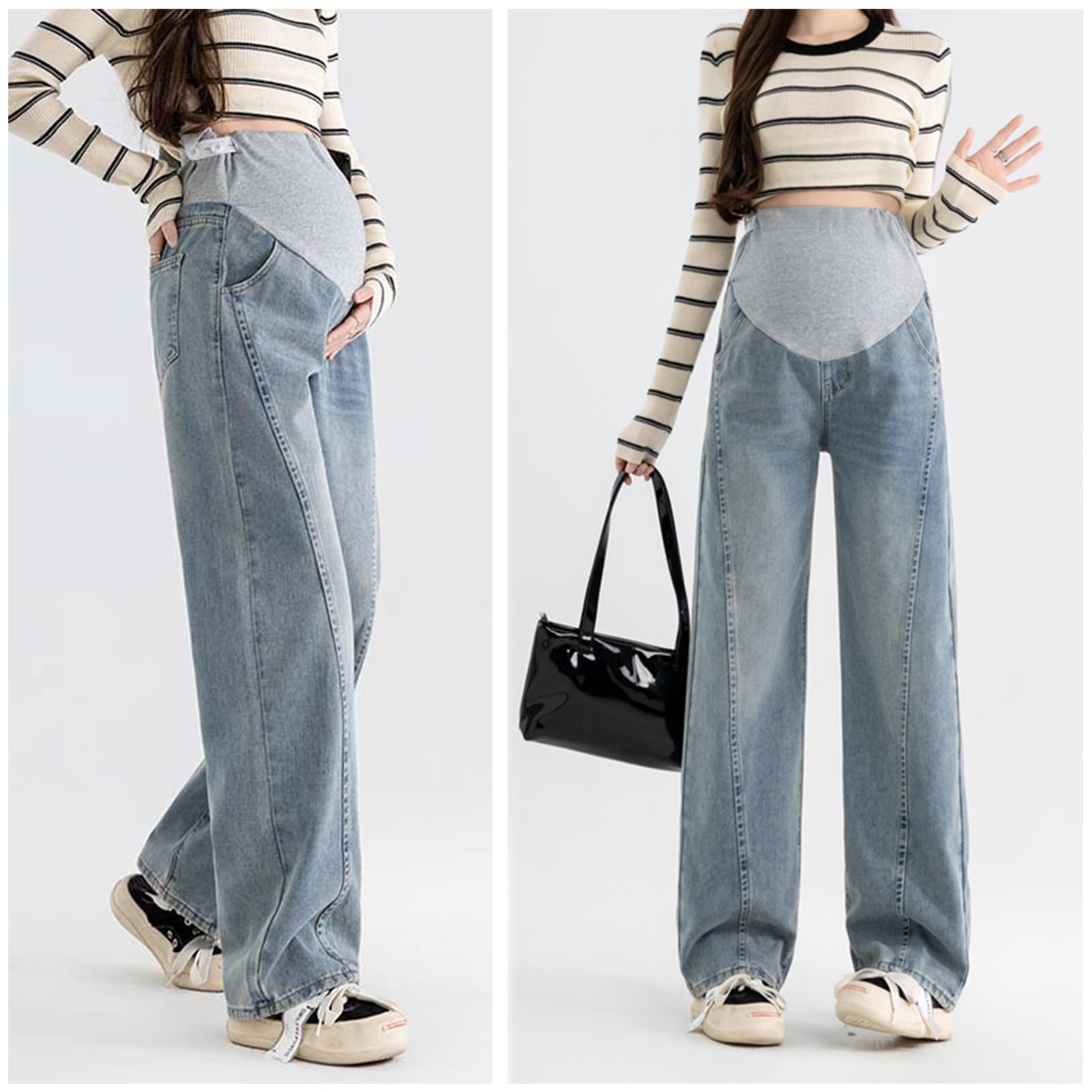 Jean pour femme enceinte avant et après l'accouchement : coupe large étroite, coupe ample, denim doux avec bande de réglage - pour les femmes de moins de 170 cm, avec poches pratiques