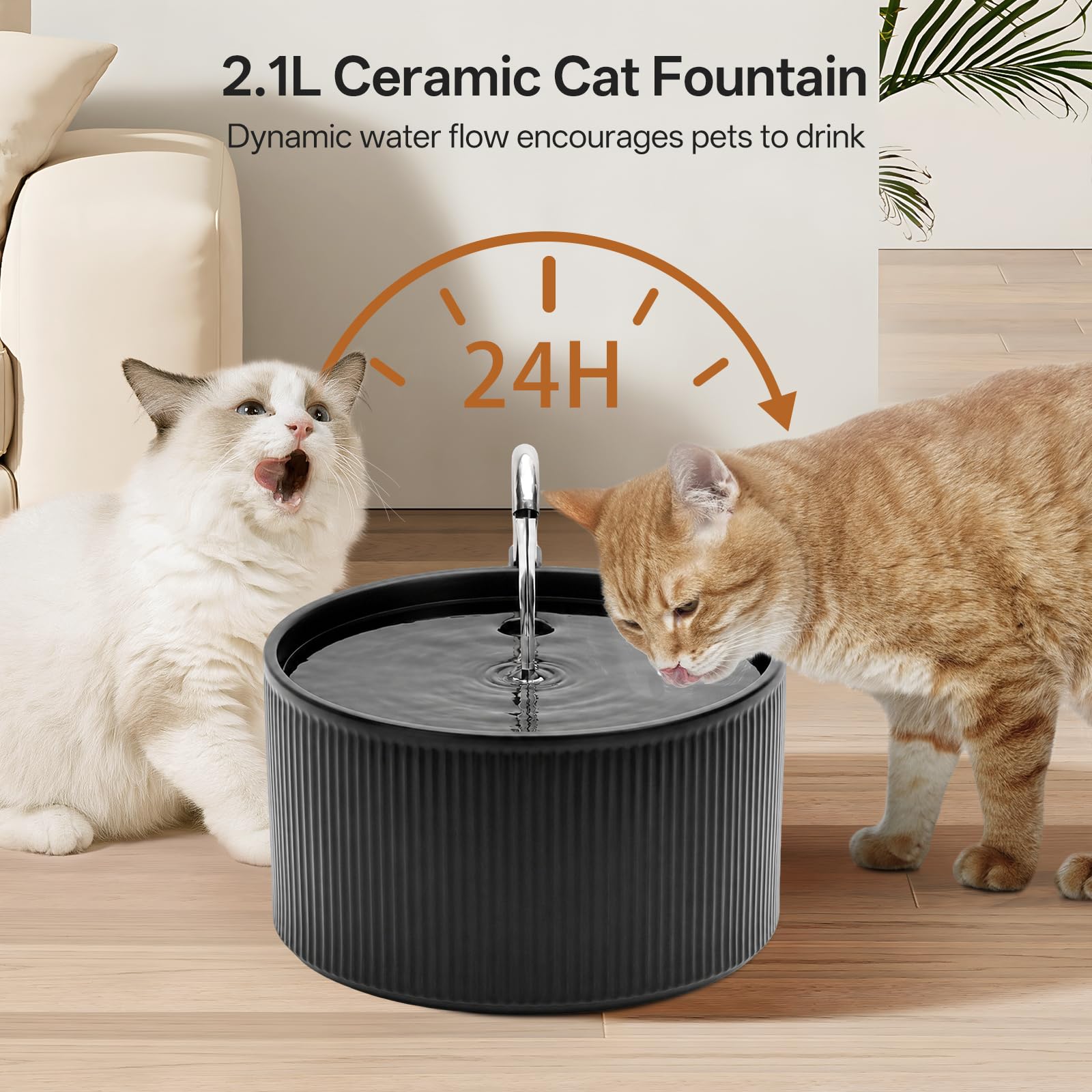 Fuente para gatos de cerámica: VinDox 2,2 L para gatos, cerámica, dispensador de agua silencioso para mascotas con filtro de carbón activo, diseño sencillo, fuego a altas temperaturas de cerámica