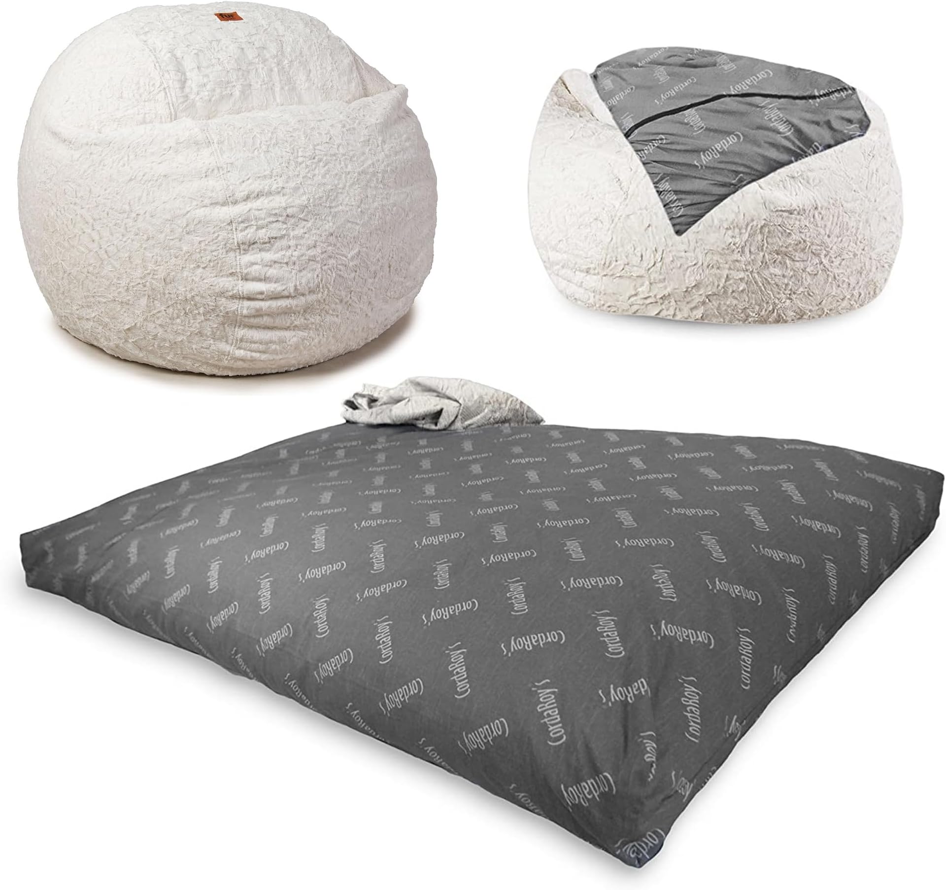 Faux Fur Bean Bag-Convertible Bean Bag Chair -Machine-Washable Faux Fur Fabric Cover for Basement, Living Room, Game Room, Dorm & More - Queen Size - White | Made in the USA