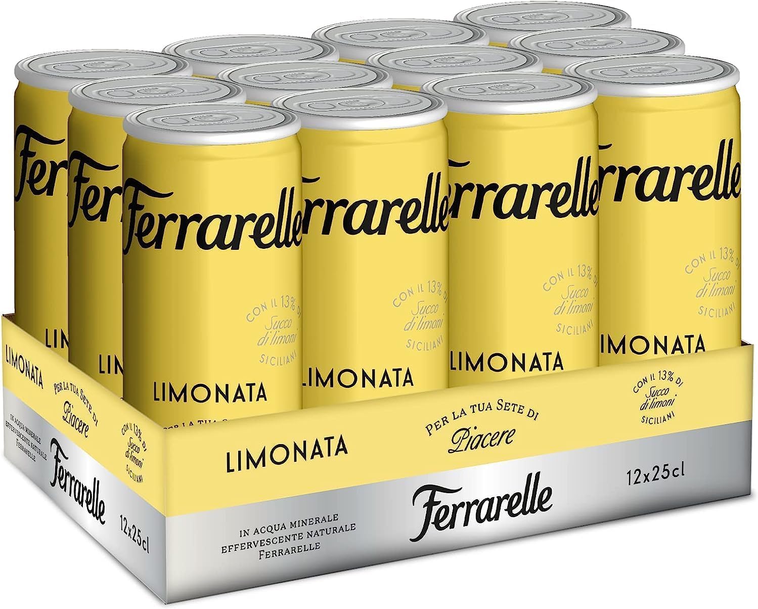 Ferrarelle Limonata Bibita Analcolica Gassata Lattina 250ml (2024) [CAIYA® BOX da 12 Lattine]