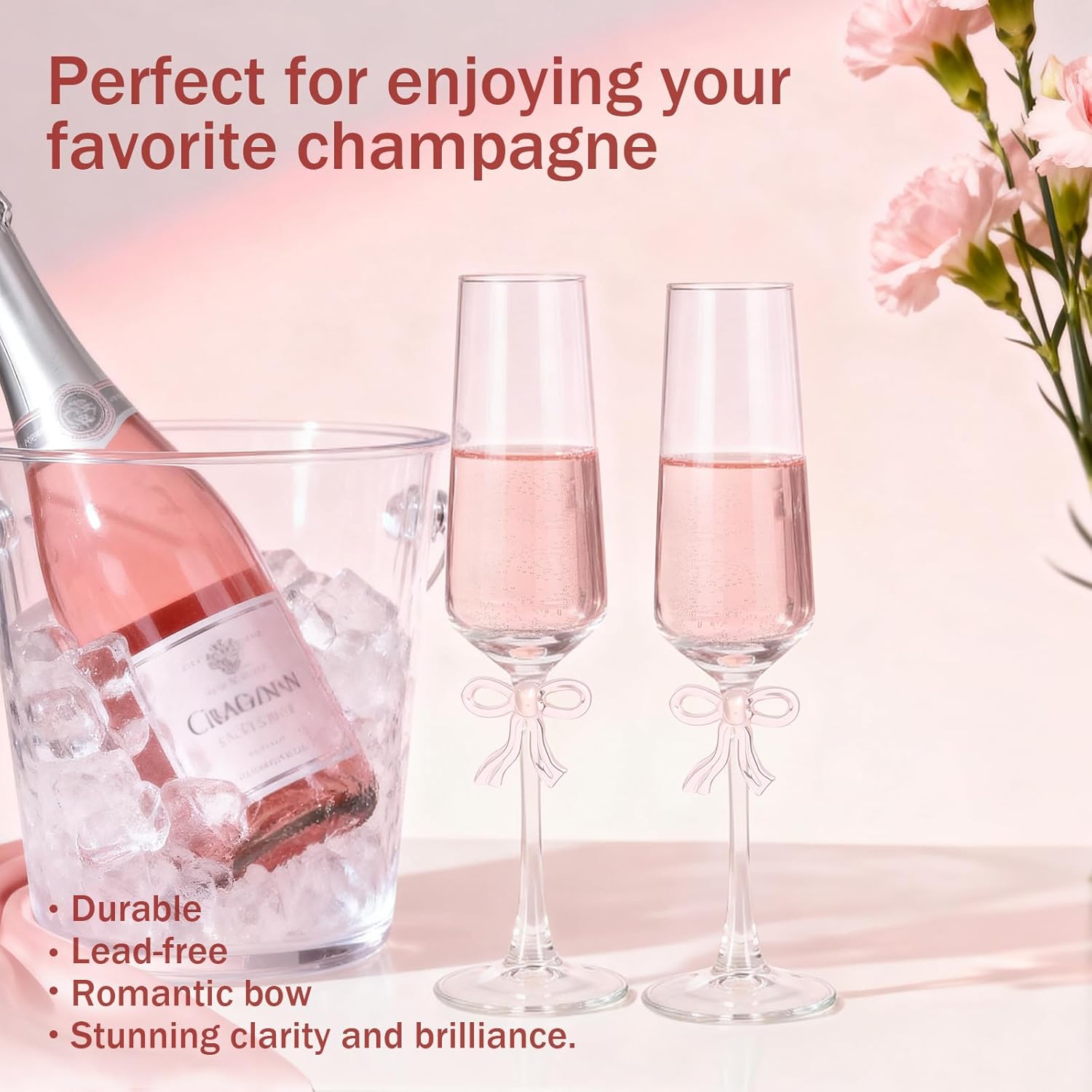 Champagne Glasses Set of 2, 8oz Elegant Crystal Stemmed Champagne Flutes with Pink Bow for Prosecco, Sparkling Wine, Mimosas, Cocktails, Weddings, Anniversaries, Parties