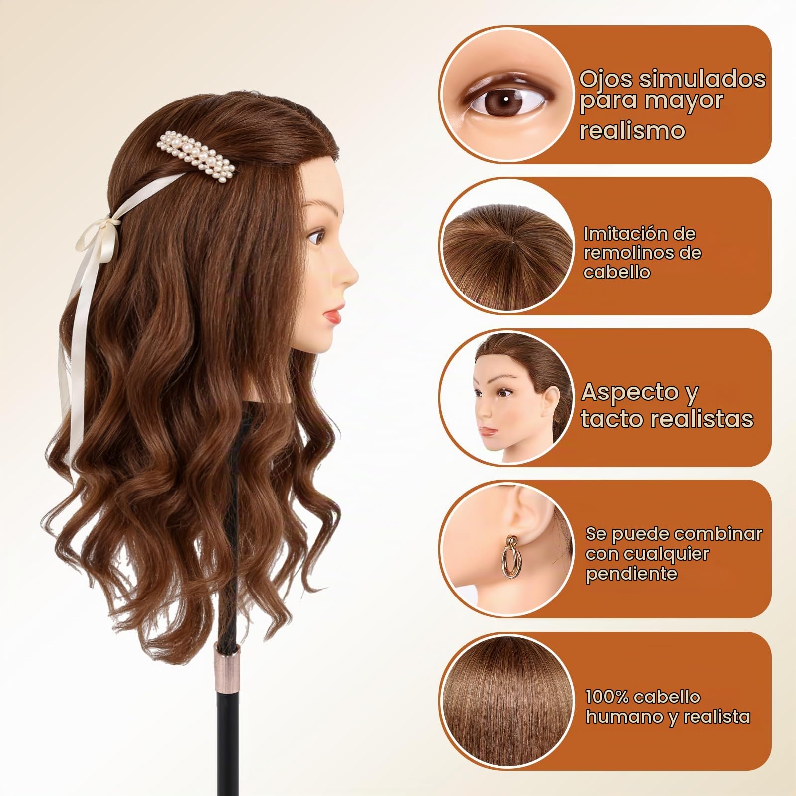 Cabeza de Maniquí de Peluquería con Pelo Natural 100%, TopDirect 22"/55cm Maniqui Pelo Natural de Cabello Humano Real Cosmetología para Peluquería con Soporte y Accesorios de Peinado (Marrón oscuro)