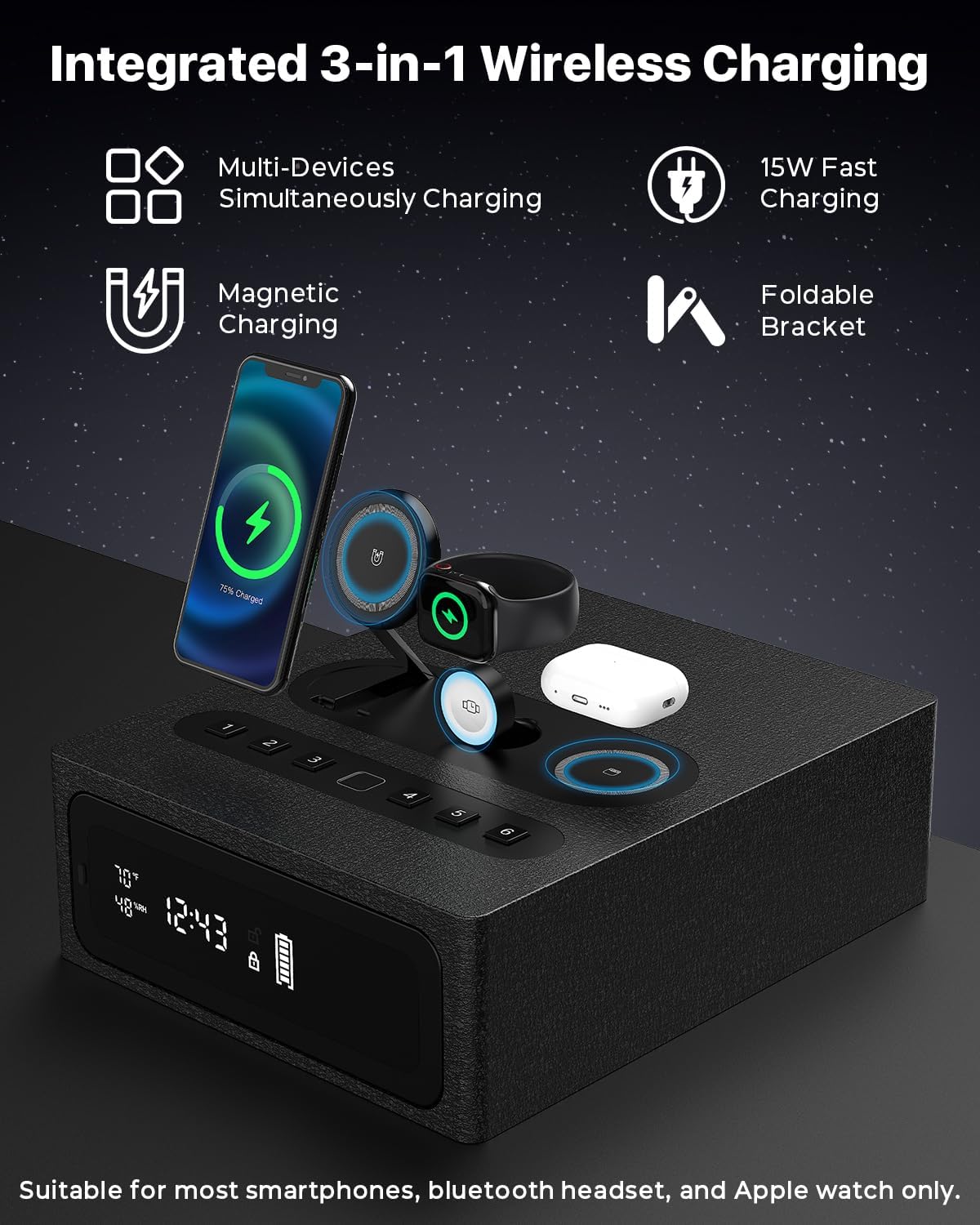 Biometric Smart Gun Safe with Wireless Charging, 3-in-1 Quick-Access Handgun Safe with Fingerprint & Backlit Keypad, Bedside Drawer Security Safe with Security Cable Hole & LED Light & Digital Display