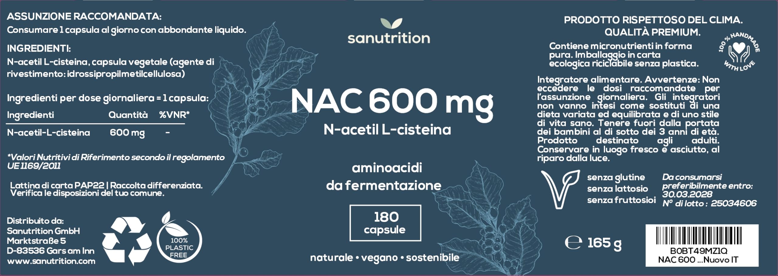 Sanutrition® - NAC 600 mg per capsula | 180 capsule | N-acetil L-cisteina 100% NATURALE da Mais | vegano | aminoacido da fermentazione