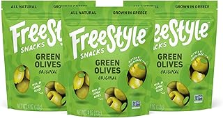 Freestyle Snacks Olive Snack Packs - Fresh Pitted Green Olives, Jumbo-Sized, Grown in Greece, All Natural, Non-GMO, Paleo, Sugar-Free, Keto Snacks, Low Calorie Snacks - Original, 4oz (3 Pack)