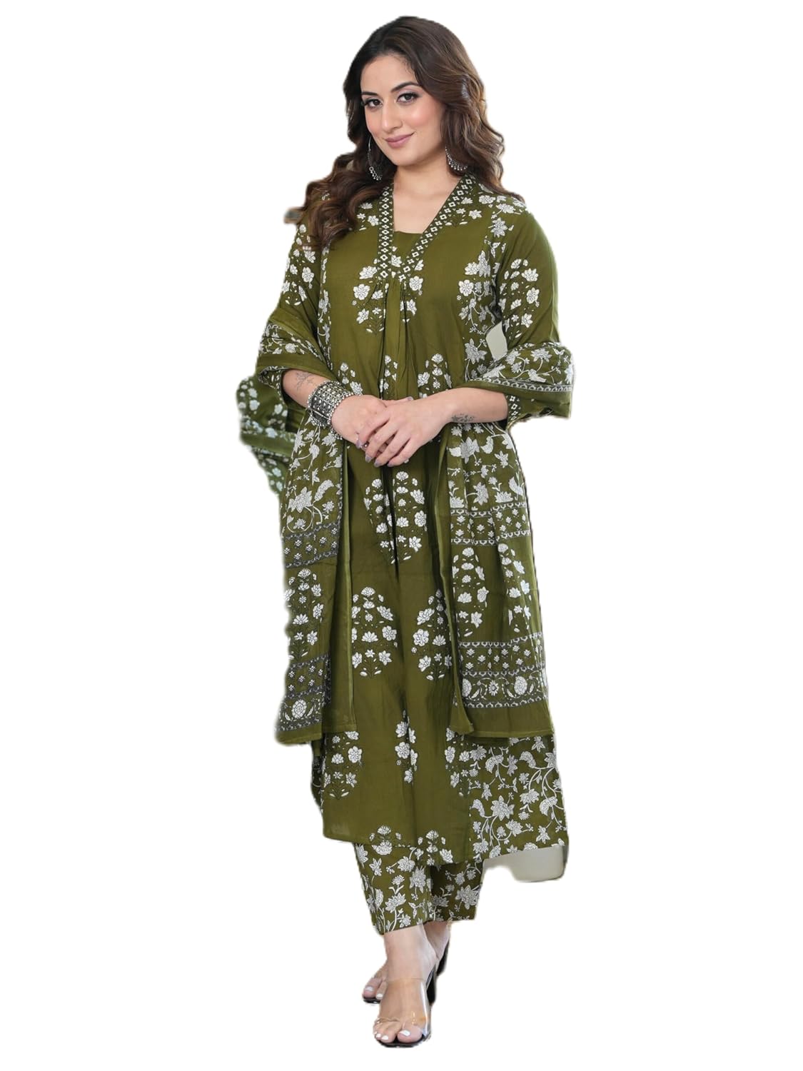 Arayna Women’s Pure Cotton Block Printed Ethnic Wear Kurta Set with Palazzo Pants & Dupatta