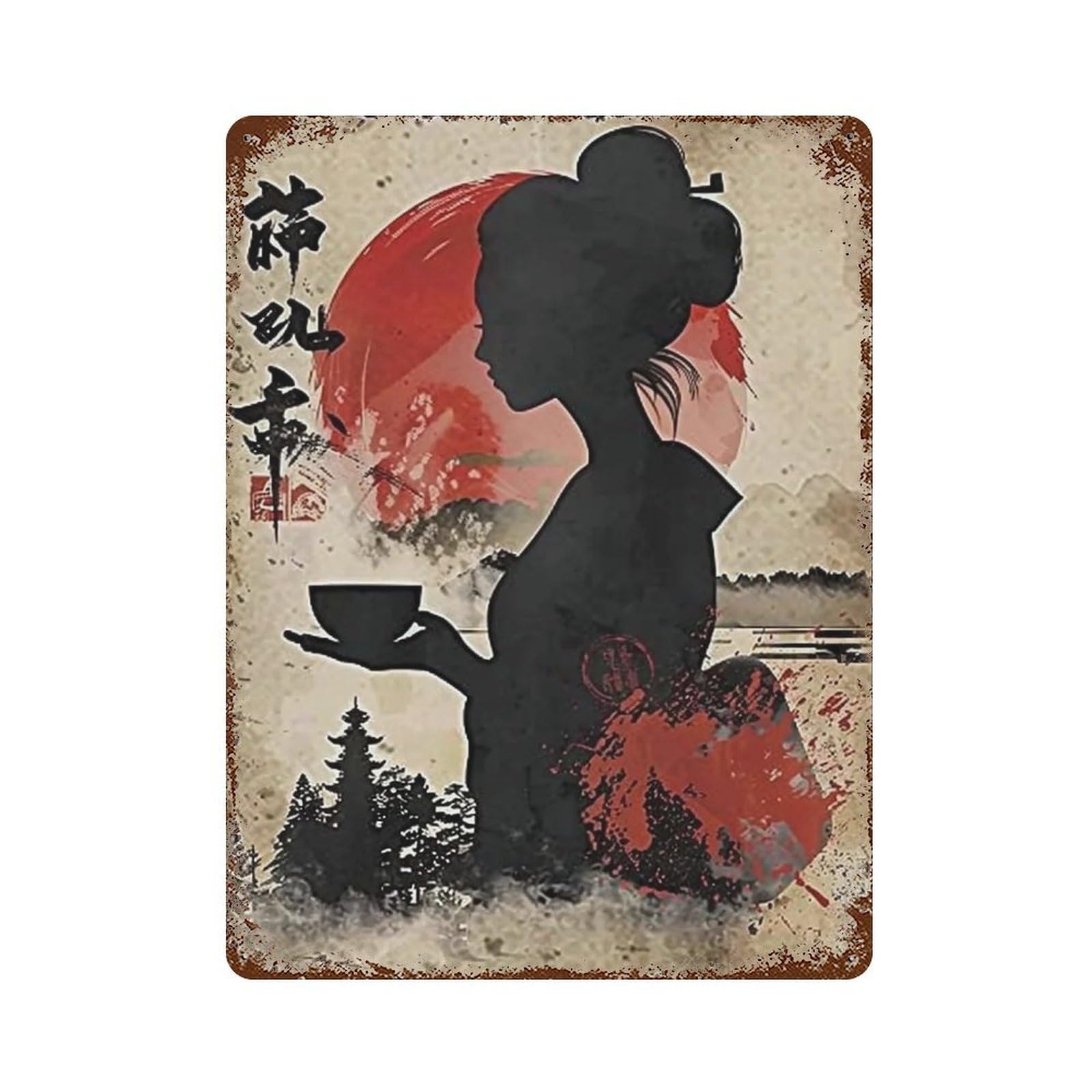 YHGERTKU Japanese Woodblock Print Zen Woman Steaming Tea 01 Wall Art Retro Iron Vintage Metal Tin Sign Poster Modern Decor for Living Rooms Gift 40x30cm