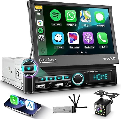 Estéreo de coche de un solo DIN con Carplay inalámbrico Android Auto, pantalla táctil motorizada de 7 pulgadas con Bluetooth Radio de coche con