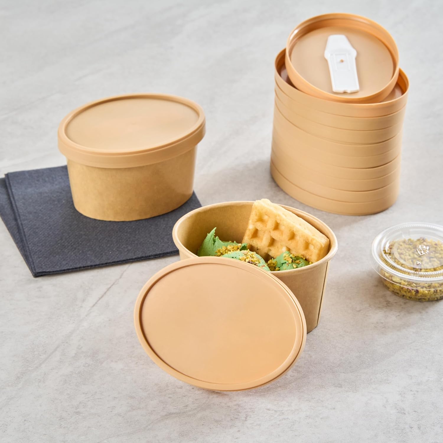 Restaurantware-LIDS ONLY: Coppetta 3.86 x 2.95 x 0.43 Inch To Go Cup Lids, 200 Durable Ice Cream Cup Lid - With Plastic Spoon, For Hot & Cold Foods, Brown Plastic Disposable Lid For Dessert Cups