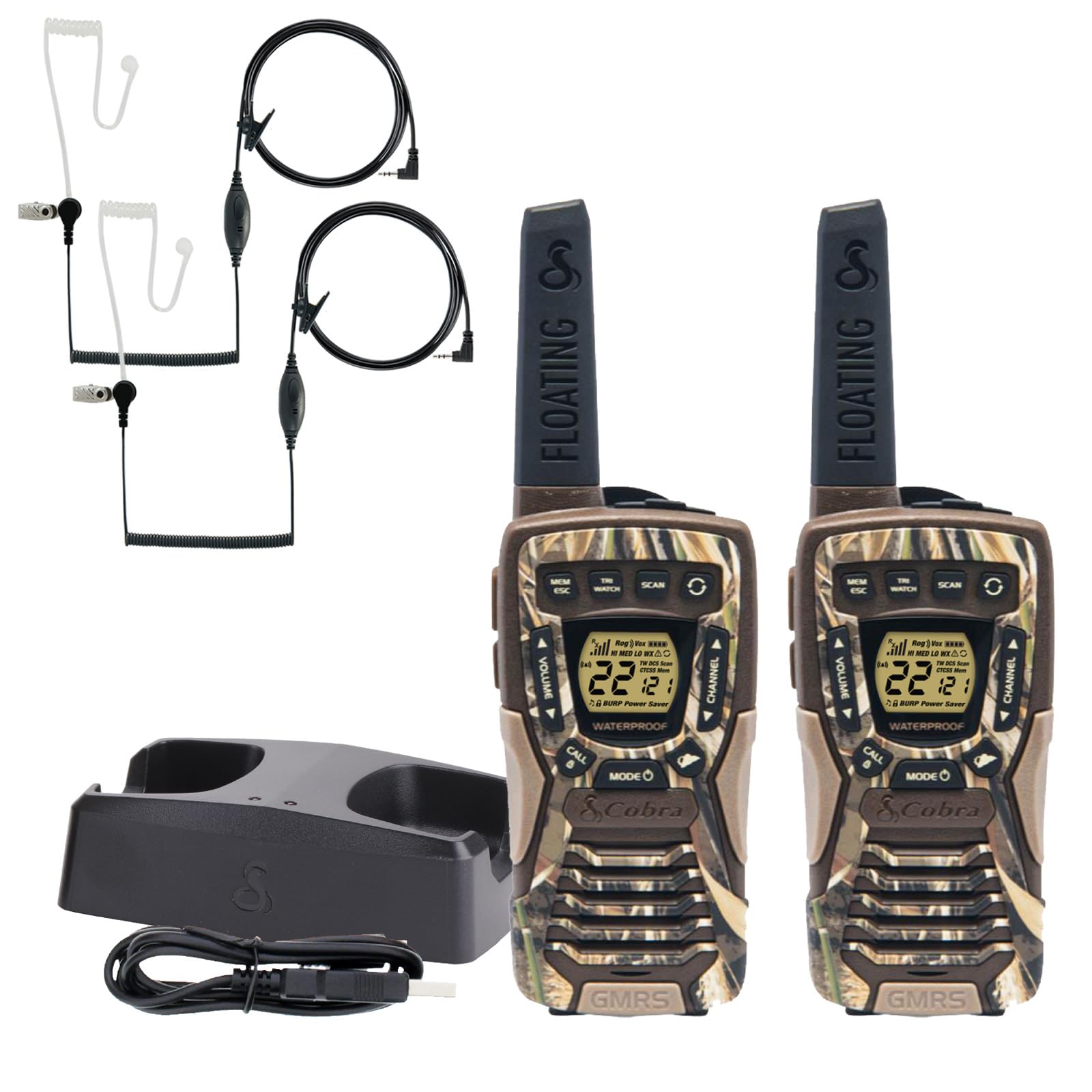 Cobra ACXT1035R FLT CAMO Floating and Waterproof Walkie Talkies for Adults with Compatible Cobra Surveillance Headset: Rechargeable, 22 Channels, Long-Range, 2 Two-Way Radios, 2 Headsets