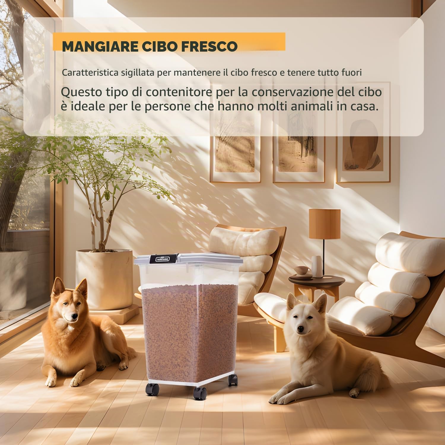 Nobleza - Contenitore per Animali da 20L+40L， Animali Domestici Scatola di Alimenti con Ruote Contenitore， Coperchio Ribaltabile， Ermetico， Trasparente， Ruote e Pala， per Cibo per Cani e Gatti， Grigio