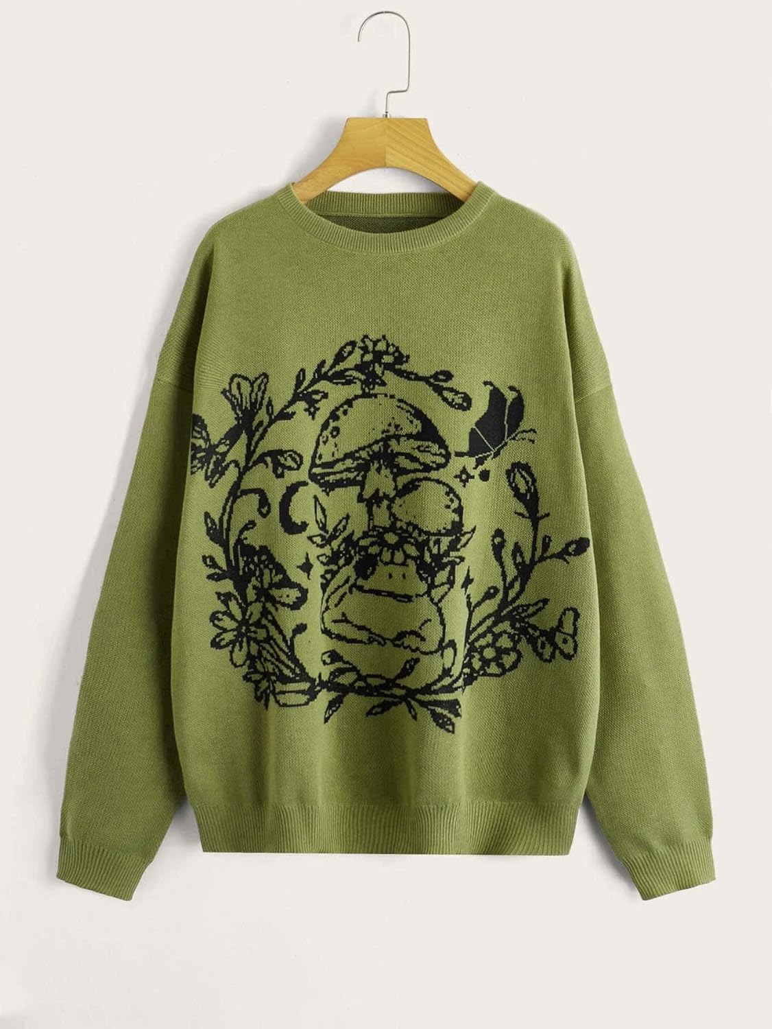 Women's Sweater Frog & Mushroom Pattern Drop Shoulder Sweater Sweater for Women (Color : Olive Green, Size : Medium)