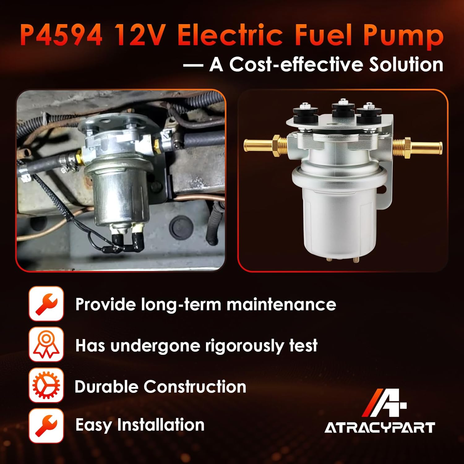 P4594 Universal Electric Fuel Pump, In-Line Rotary Vane Pump Fit For 92-93 Hardin Marine, Idmar Marine, Pleasure Craft & More, Automotive Replacement 12V 6-8PSI 50GPH 1/4" NPT Inlet & Outlet