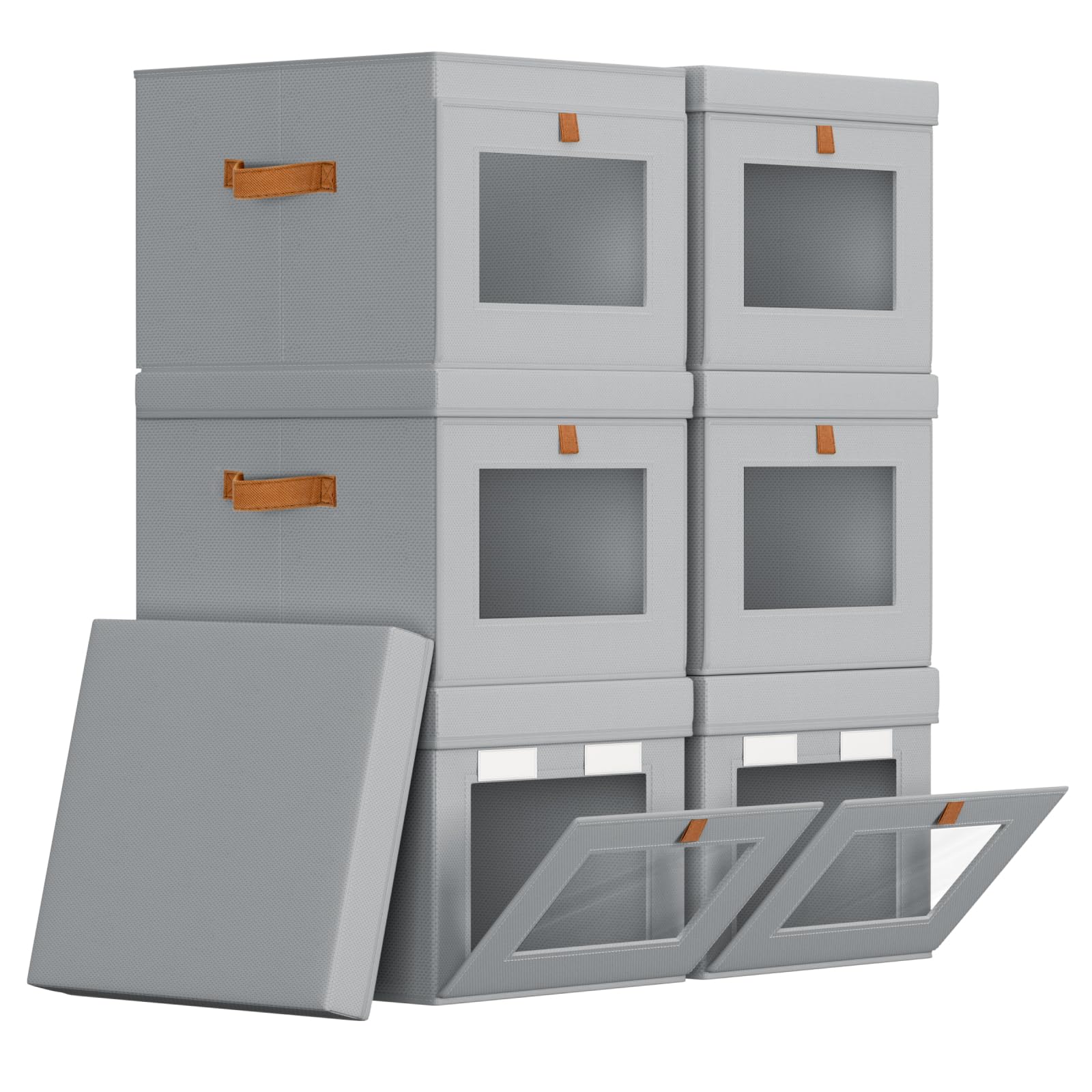 Homsorout Storage Bins with Lid – Closet Organizer with Side Opening and Clear Window, Foldable Stackable Fabric Basket for Clothes, Home, Office - 13.77" x 11.8" x 9.8", 6 Pack, Grey