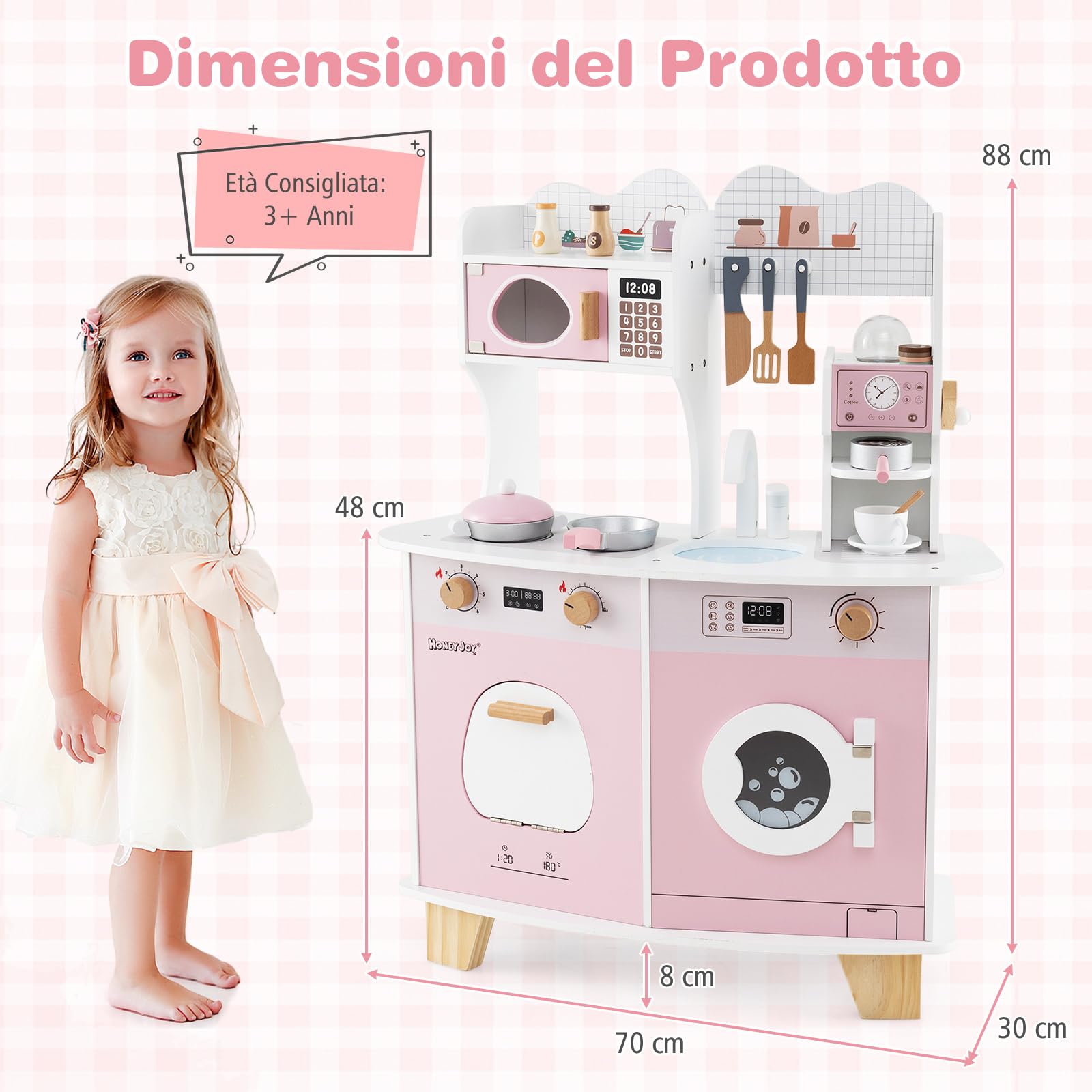 COSTWAY Cucina Giocattolo con Macchina da Caffè, Forno e Lavatrice, Cucina per Bambini in Legno con Microonde e Lavandino, Set Cucina con 13 Accessori, 70 x 30 x 88 cm, per Bambini 3+ Anni