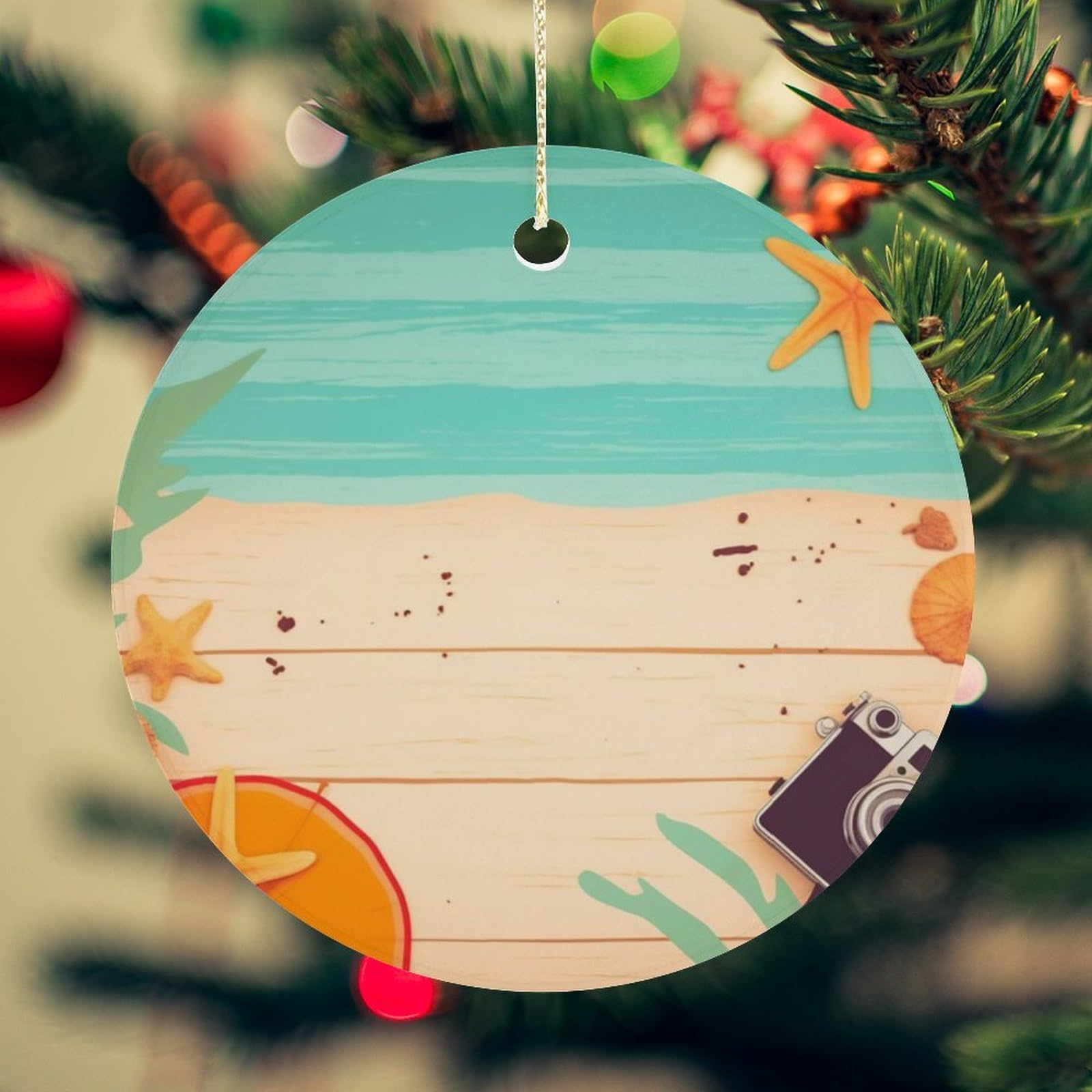 Summer Background Christmas Ornament for Christmas Tree Ceramic Round Ornament Winter Holiday Keepsake Gift 2.7" Christmas Tree Hanging Decorations Circle Ceramic Pendant Xmas Gift
