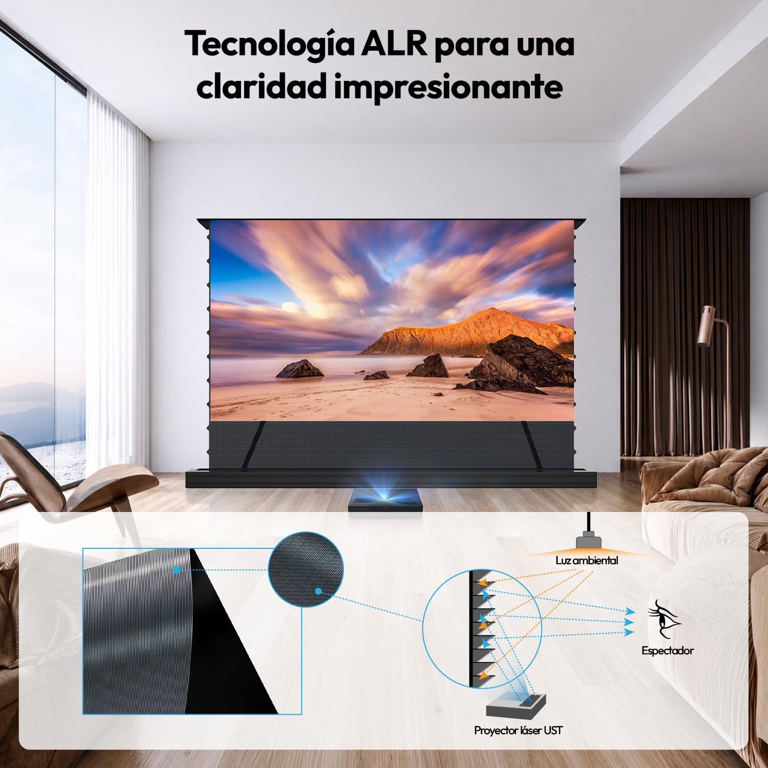 Pantalla de Proyección Motorizada 100 Pulgadas ALR CLR para Proyector de Tiro Ultracorto, Eléctrica de Suelo, 4K/8K UHD, 95% Rechazo de Luz Ambiental, Sin Instalación