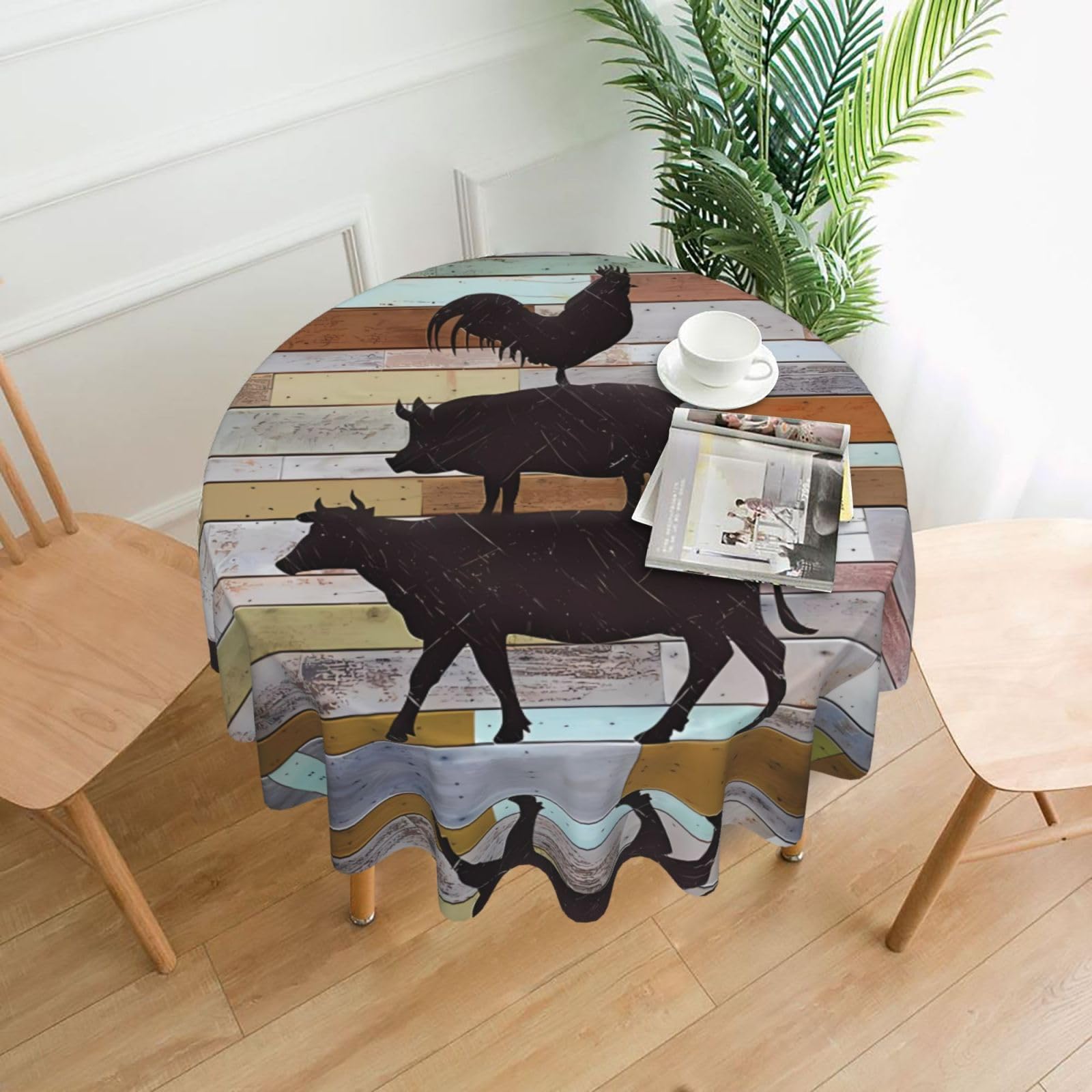 YYHHAOFA Cow Chicken and Pig Pattern Prints 60in Round Decorative Tablecloth – High-Grade Polyester Throw Cover for Dining, Parties, and Outdoor Events