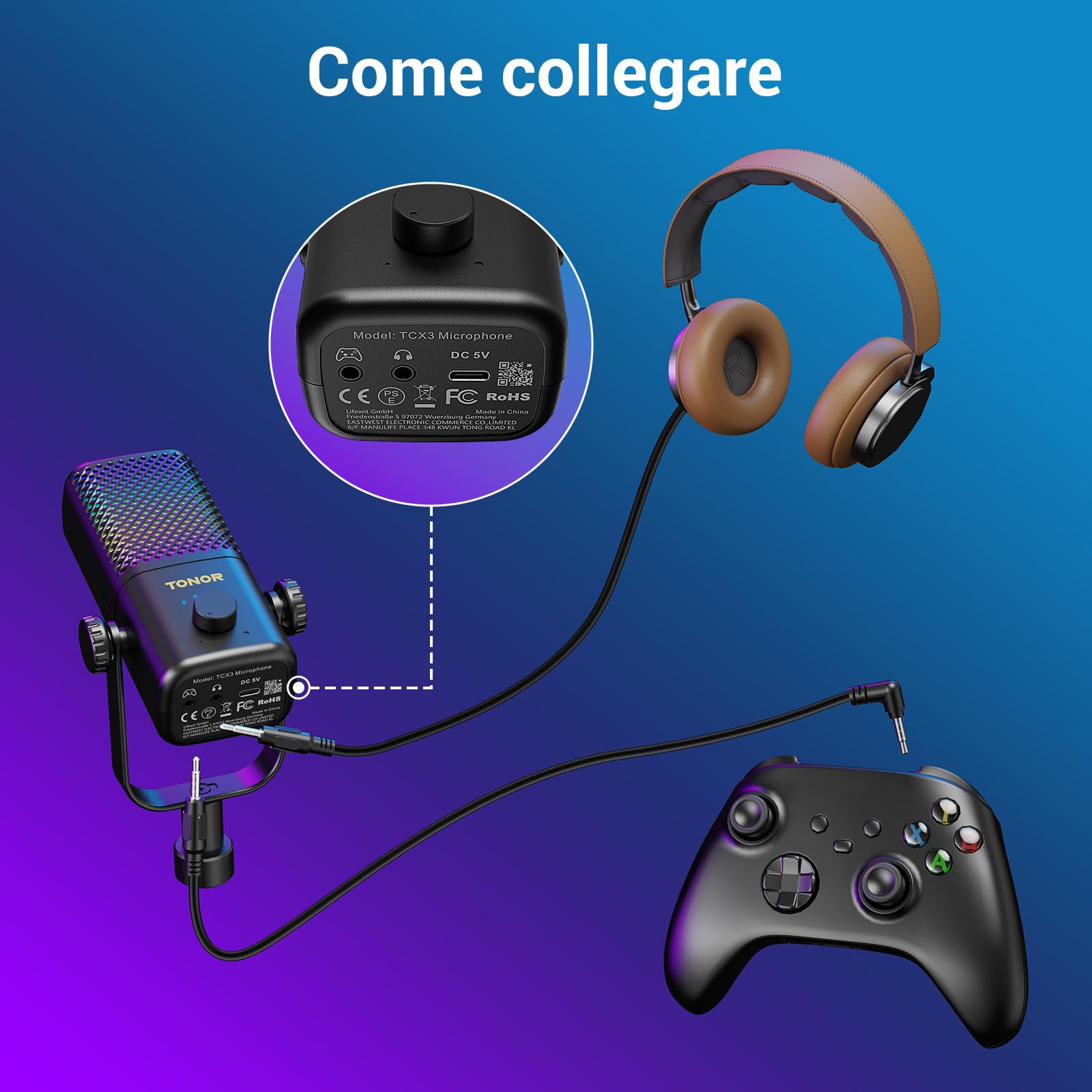 TONOR Microfono Gaming Compatibile con Xbox, Microfono RGB per Streaming con 30H di Autonomia,Basso Rumore,Silenziamento con un Tocco,Ricarica Rapida,Compatibile con Scheda di Acquisizione,200cm,TCX3+
