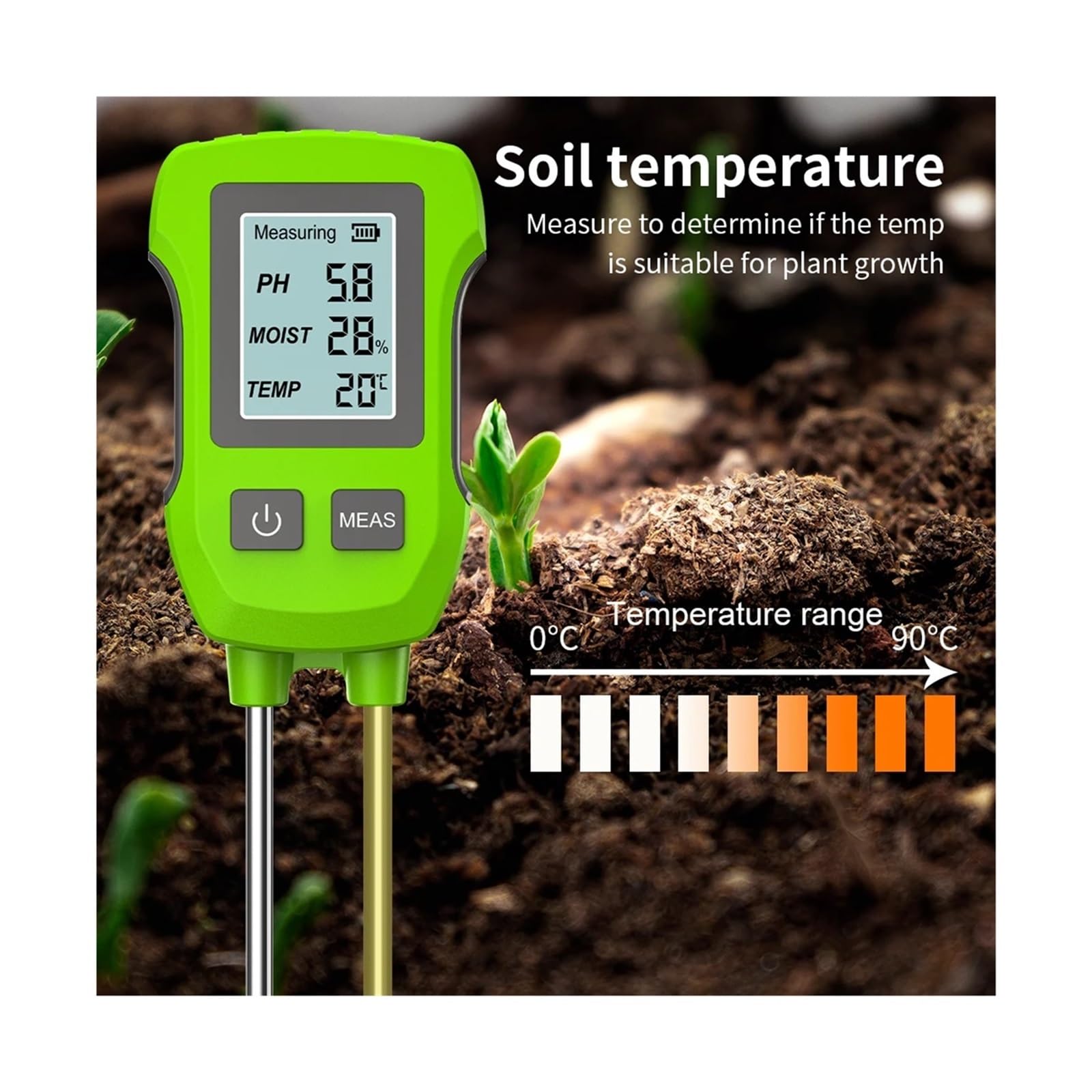 Medidor de pH 3 en 1, detector de humedad y temperatura de alta precisión para plantas, herramienta de prueba de suelo manual para cuidado de jardines y flores