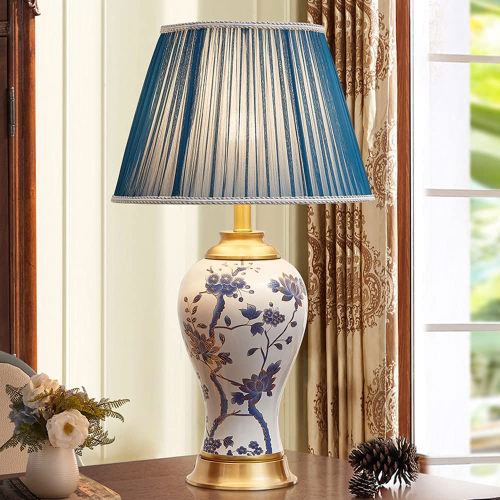 Lampada Tavolo Lampada da Tavolo in Ceramica Comodino in Metallo Porcellana Blu e Bianca per Soggiorno, Camera Letto, Ufficio, casa per Home | Remote Control Switch