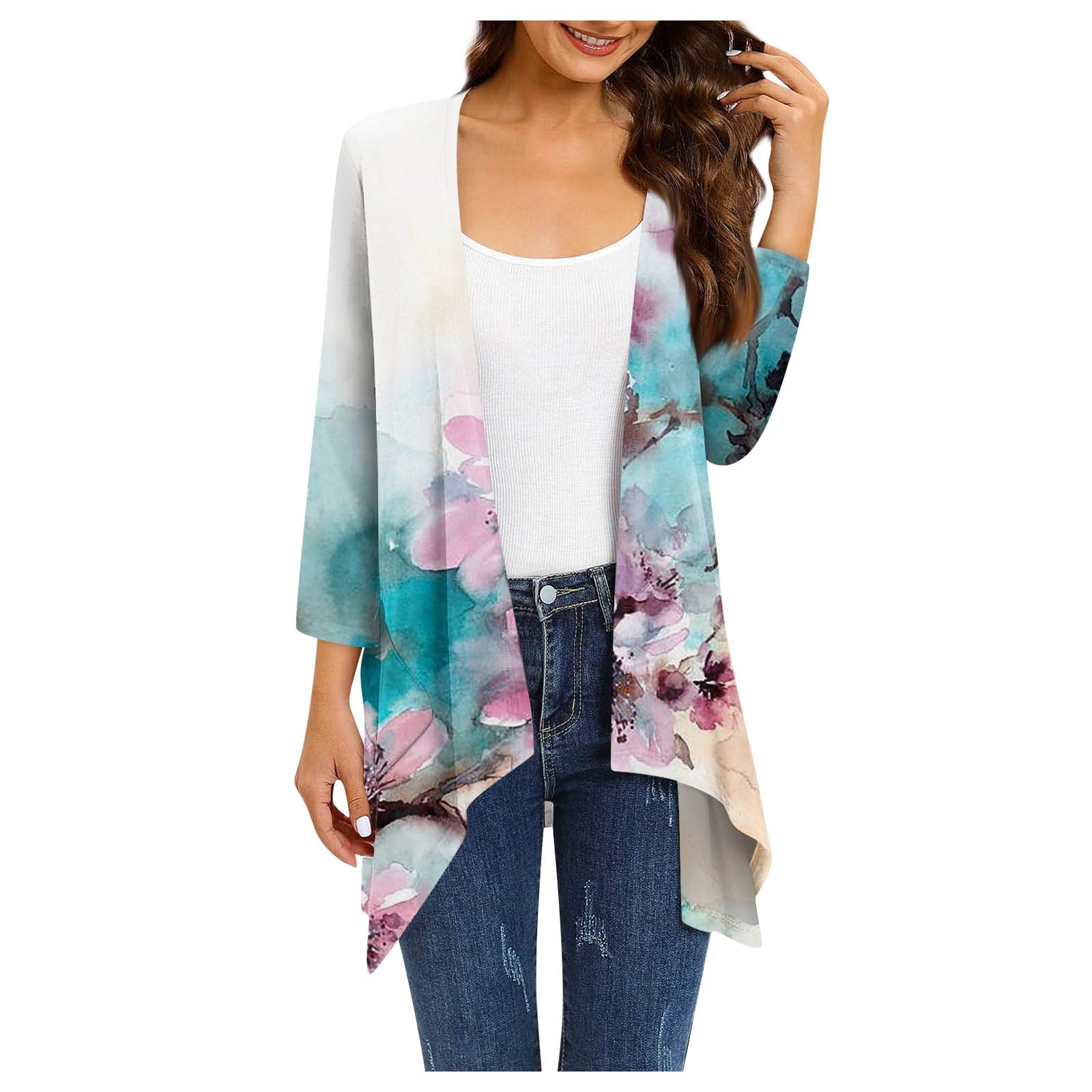 Long Cardigans for Women UK Ruffle Loose Sweaters Open Front 3/4 Sleeve 2023 Fashion Casual Summer Dressy Jackets