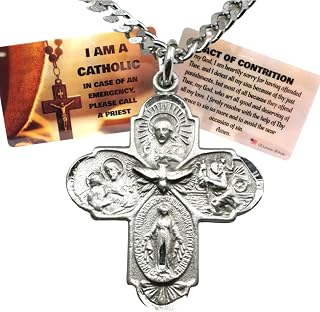 Four Way Medal Set Pewter Scapular Cross on a Stainless Steel Chain with Laminated I Am Catholic Call A Priest Card