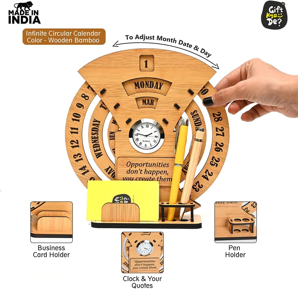 GKD Lifetime Wooden Desk Calendar 2026 with Clock & Desk Organizer | Reusable Infinite Calendar | Office & Home Desk Decor | Corporate Gift (Bamboo Eco-friendly)