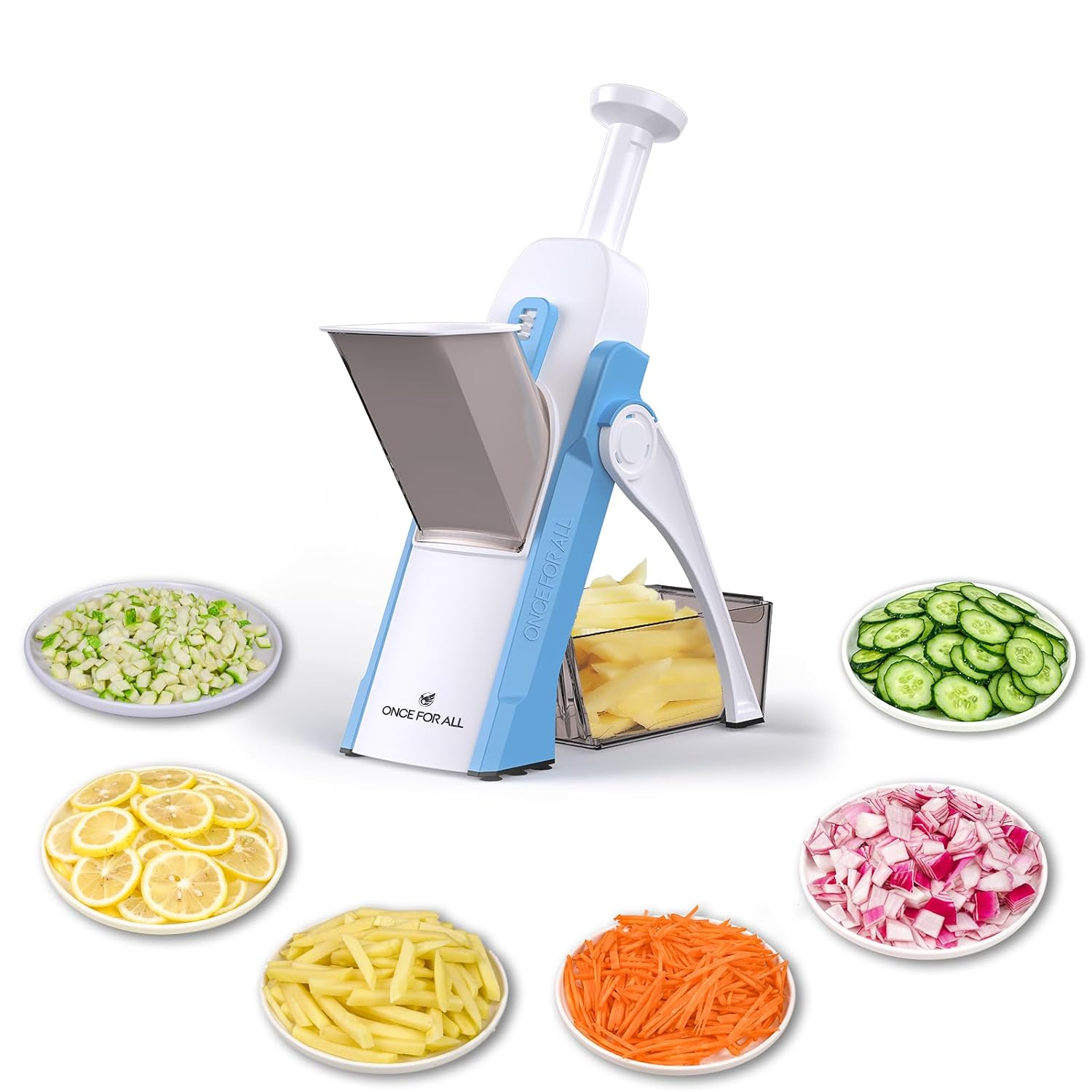 ONCE FOR ALL Safe Mandoline Slicer, Multi Vegetable Chopper, Potato Slicer for Kitchen, 4 Modes 100+ Presets Adjustable Thickness, French Fry Cutter (5 in 1 Green), view 9