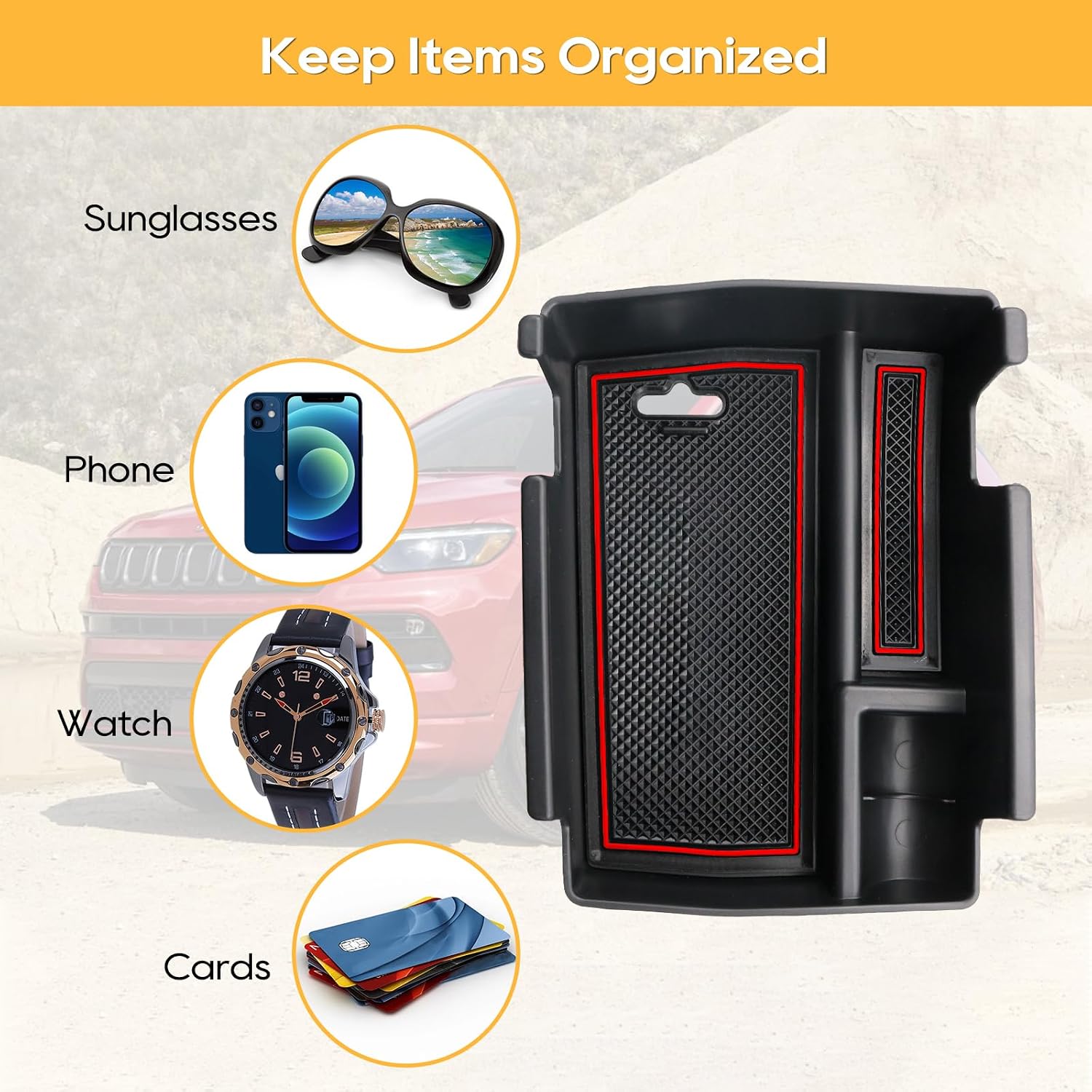 LFOTPP Center Console Organizer for J*eep Compass(2022 2023),Dodg|e Hornet (2023 2024) Armrest Secondary Box Organizer Tray 2023 Compass Interior Accessories Glove Box Pallet Tray Red