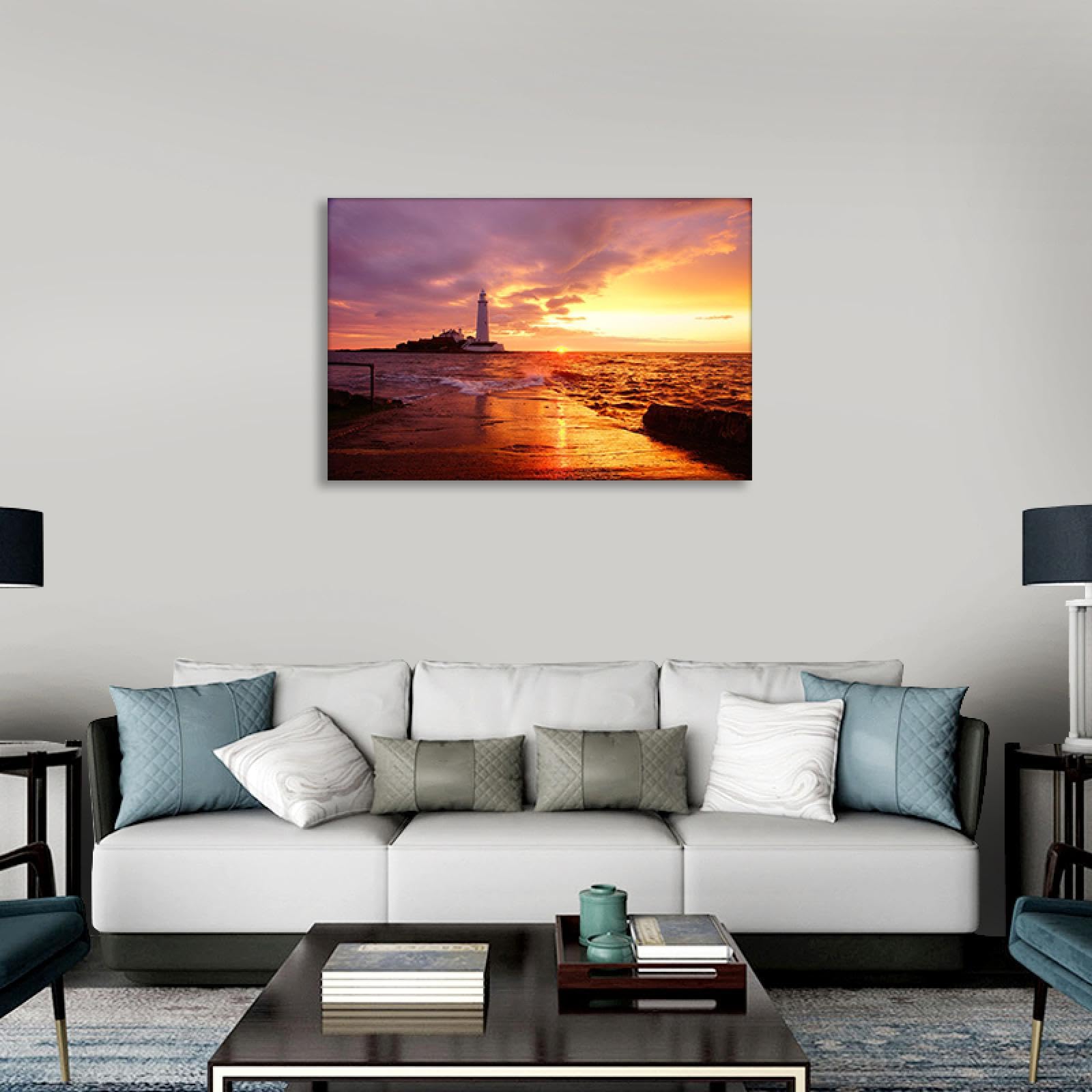 GRASKY Strand sonnenuntergang bild sonnenuntergang bild auf leinwand wandbilder landschaftsbilder mit rot Leinwandbilder Meer, Leuchtturm Wohnzimmer Deko Kunstdrucke 70X105cm (28x41in) Innenrahmen