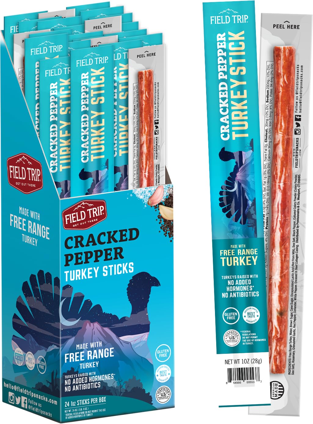 Field Trip Cracked Pepper Turkey Jerky Snack Sticks, Keto, Paleo, Gluten Free, Allergy Friendly Snack, High Protein, 70 Calorie Snack, 1oz, 24 Pack