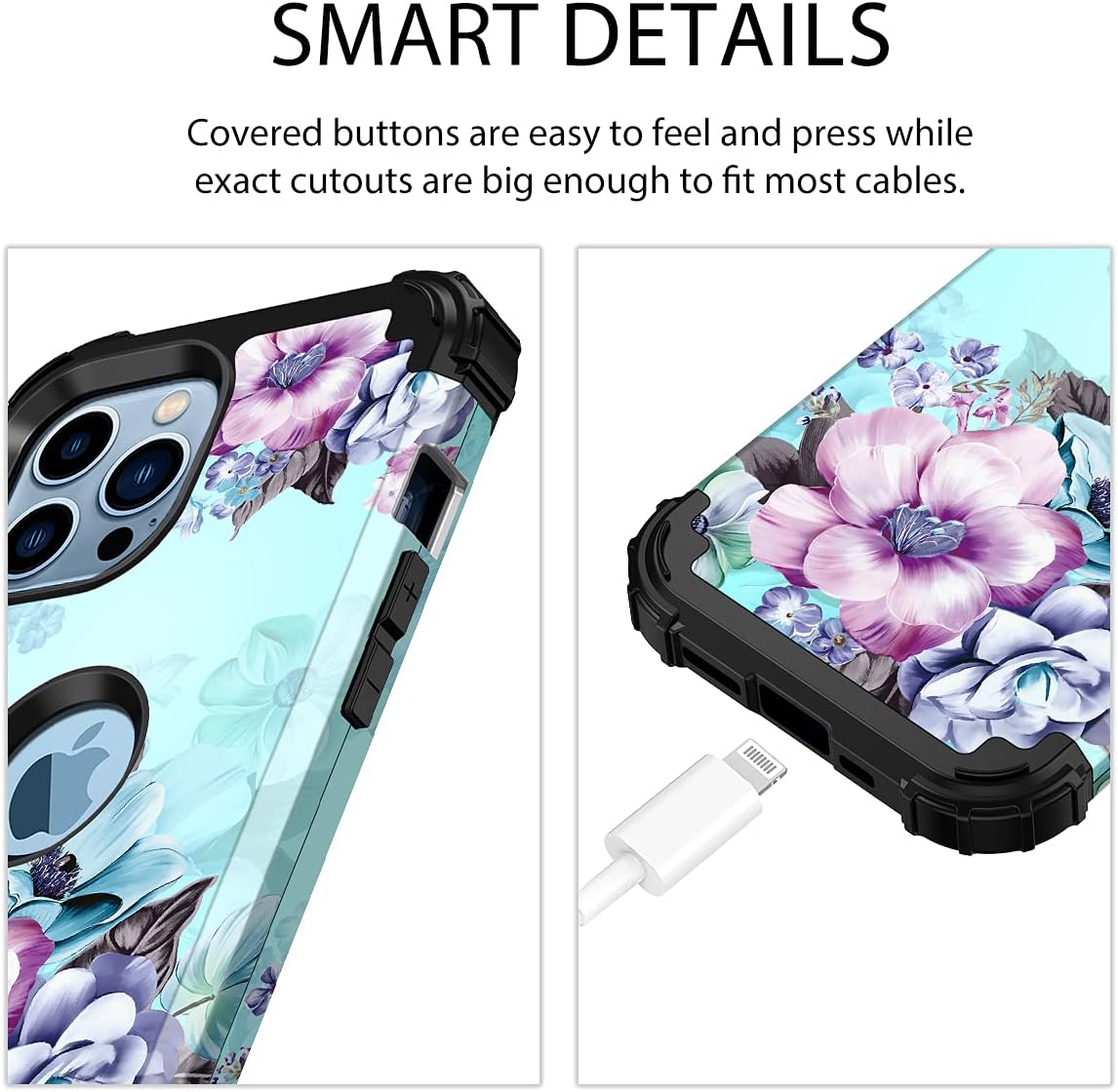 Casetego for iPhone 13 Pro Max Case,Floral Three Layer Heavy Duty Sturdy Shockproof Soft Silicone Rubber+Hard Plastic Bumper Protective Cover Case for Apple iPhone 13 Pro Max 6.7 inch,Blue Flower