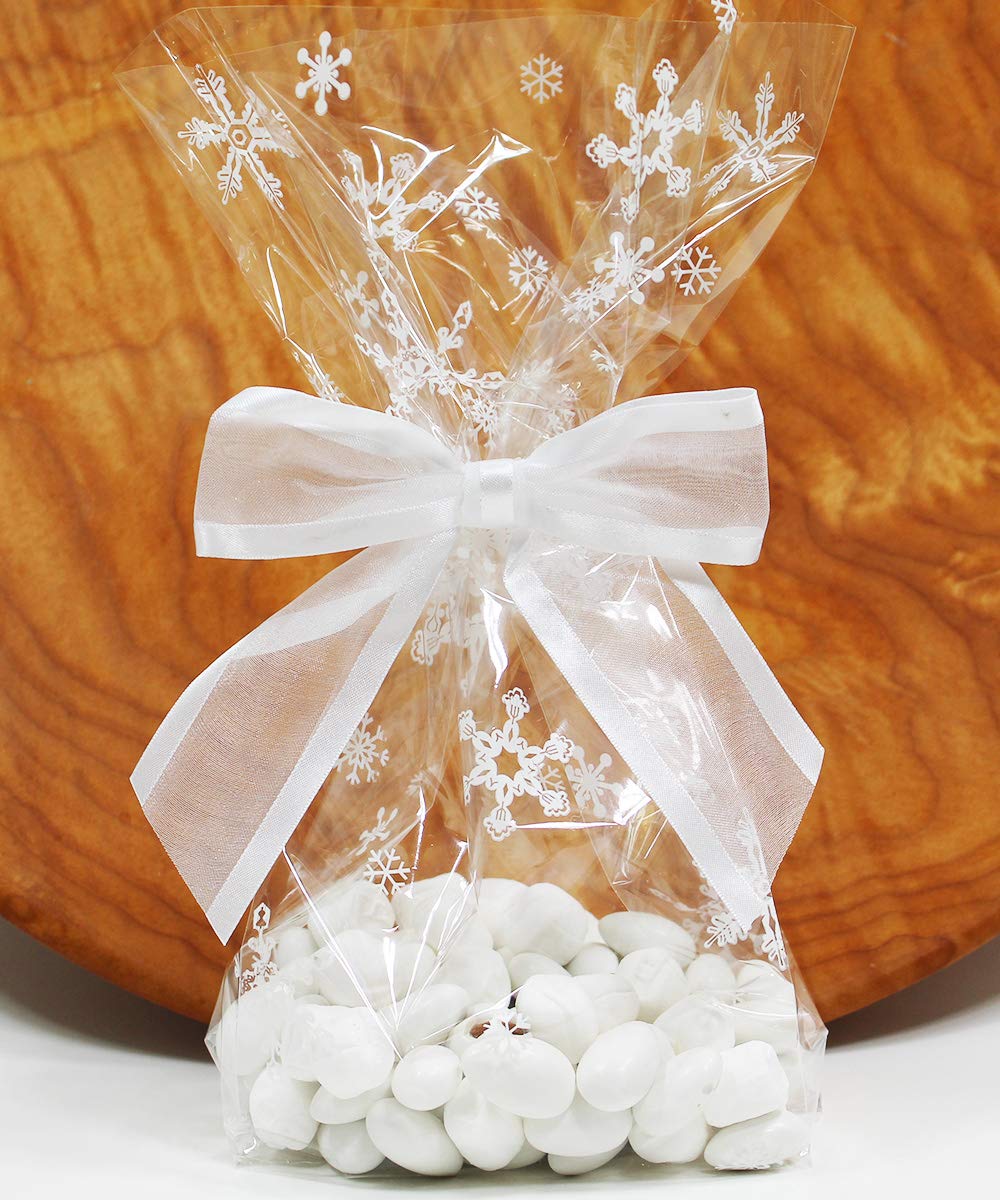 Saybrook Products Winter Snowflakes Christmas Holiday Cellophane Treat Party Favor Bags with Twist-Tie Organza Bow. Set of 10 Ready-to-Use, Gussetted 11x5x3 Goodie Bags with White Bows.