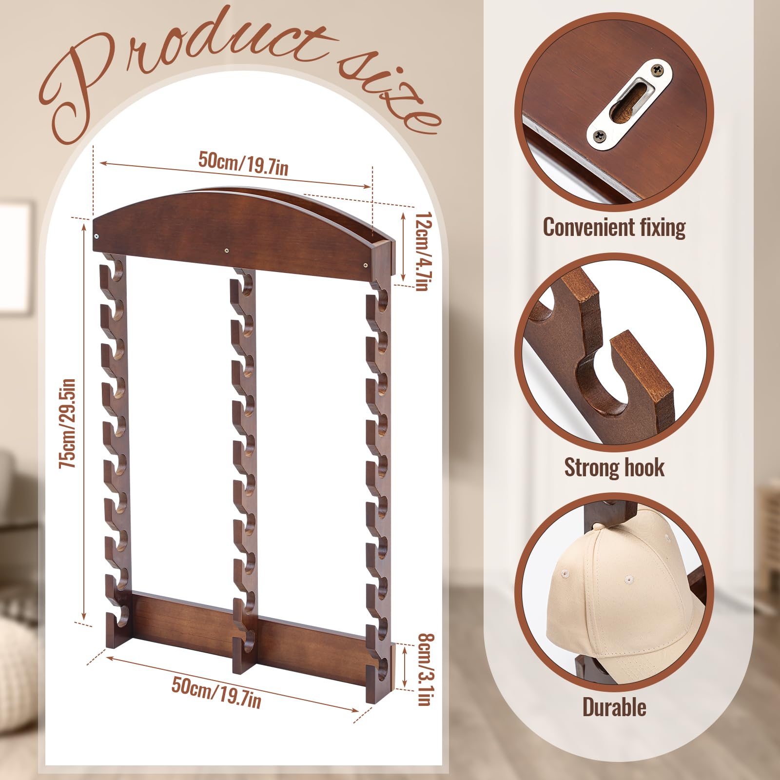 Wooden Hat Racks for Baseball Caps, 30 Slots, Baseball Hat Display Racks Vertical Wall Vertical Cap Holder, Organizer Wood Cap Hanger for Bedroom Living Room Entryway, Brown