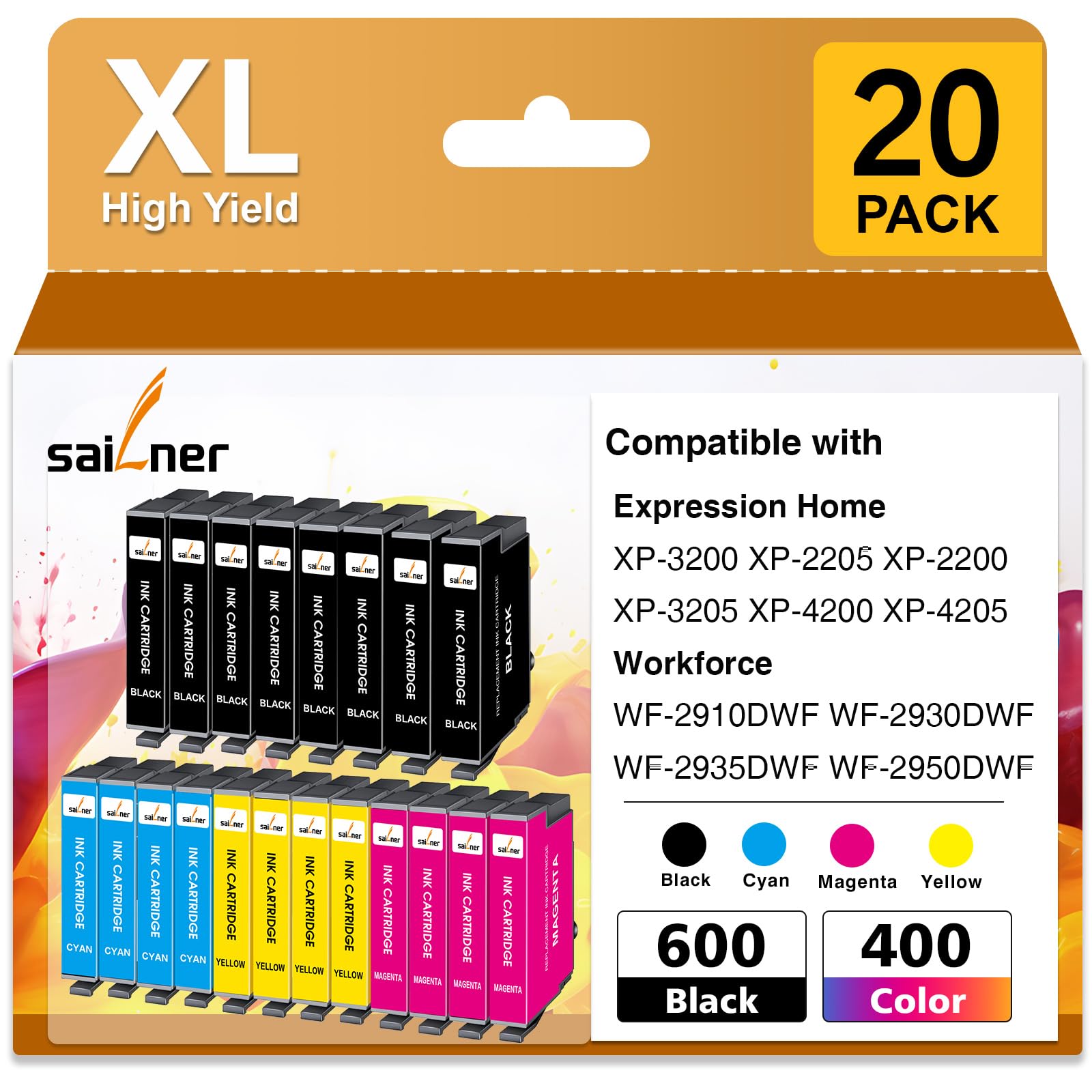 SAILNER 604XL Druckerpatronen kompatibel für Epson 604 604XL Patronen Multipack für Expression Home XP-2205 XP-3200 XP-4200 XP-3205 Workforce WF-2910 WF-2930 WF-2950 (20er-Pack)