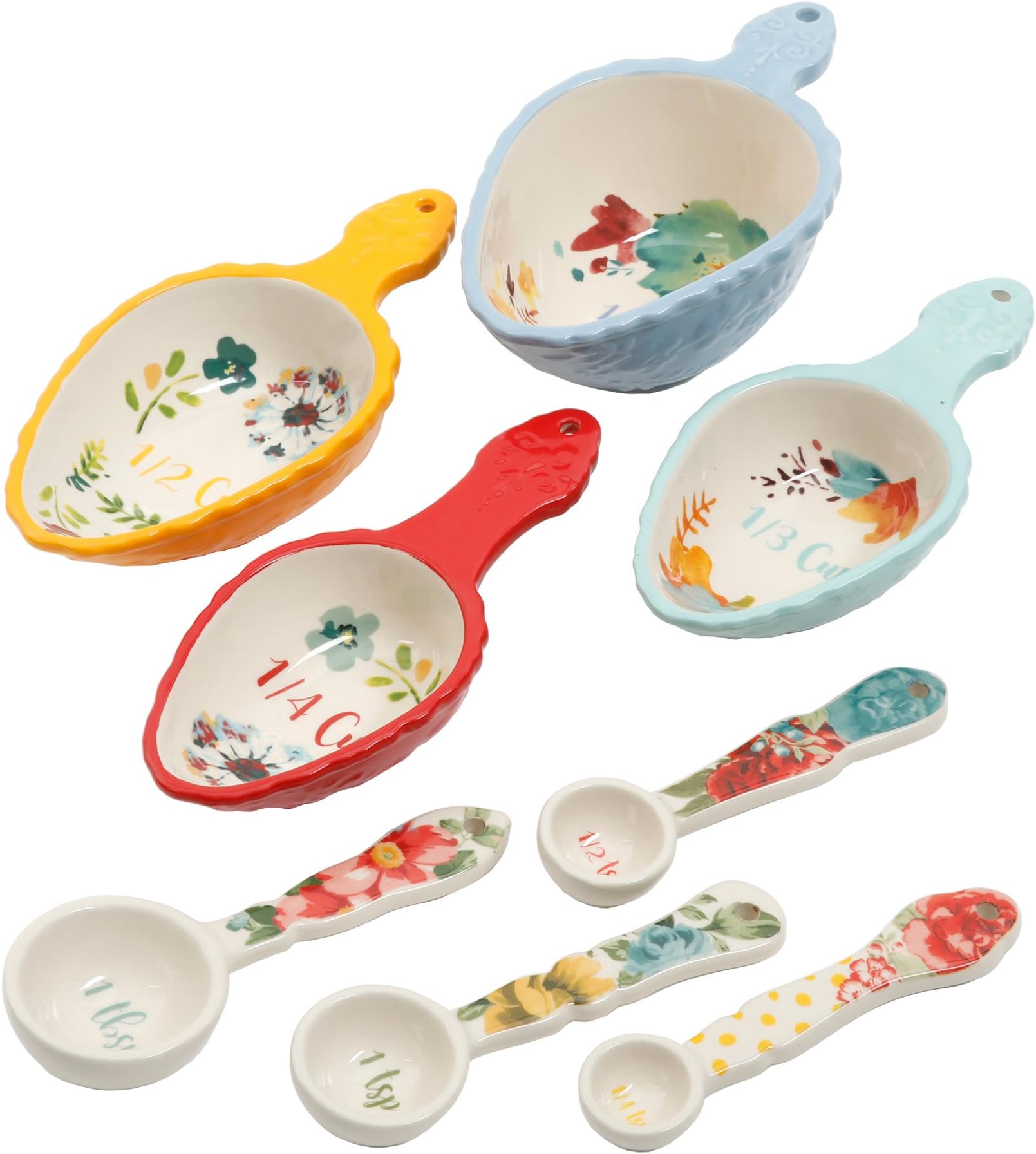 The Pioneer Woman Willow 8 Piece Measuring Scoops and Measuring Spoons Ceramic Floral