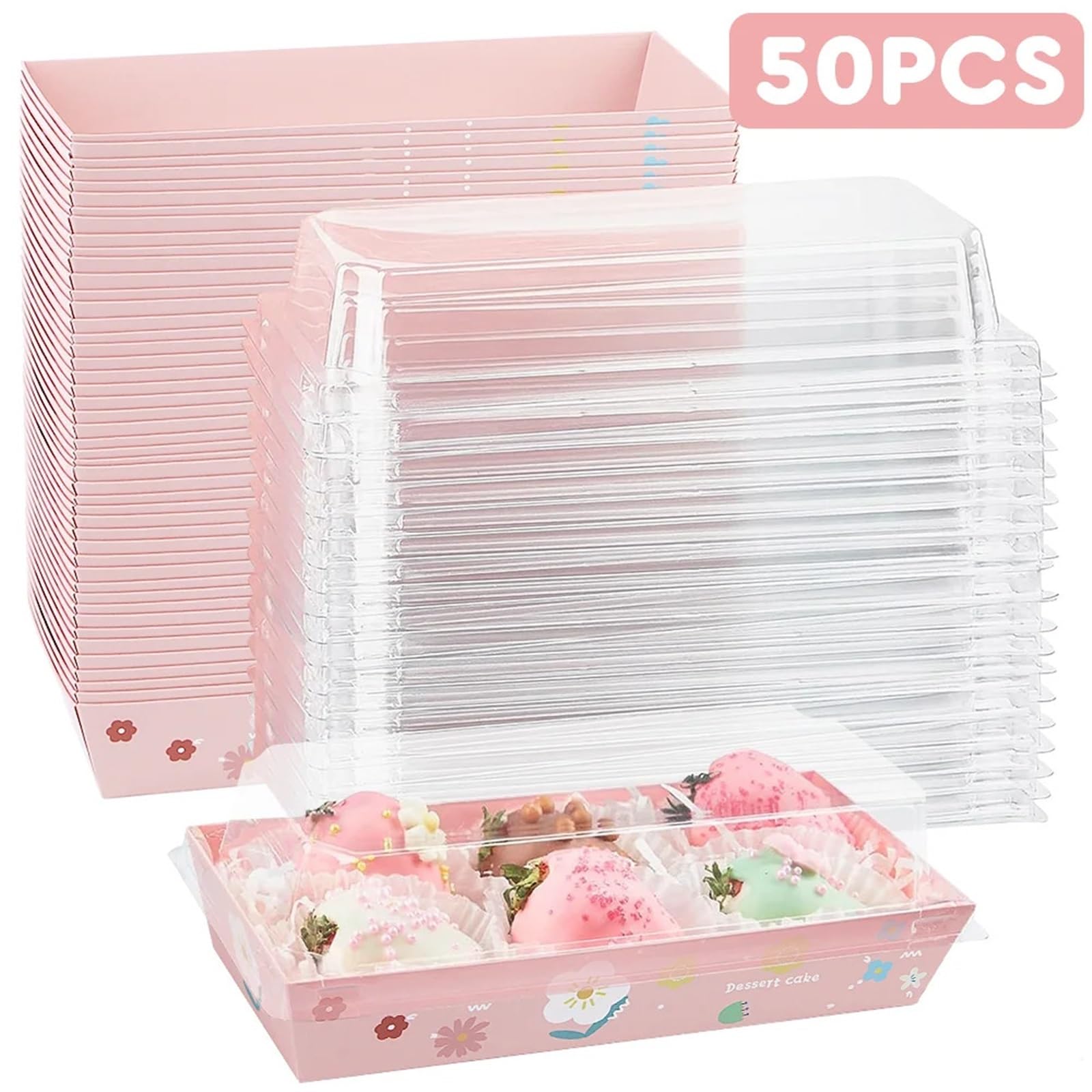Caja Para Tartas Paquete de 50 cajas papel for embutidos con tapas transparentes, for postres, fresas(11x12x6.2cm)