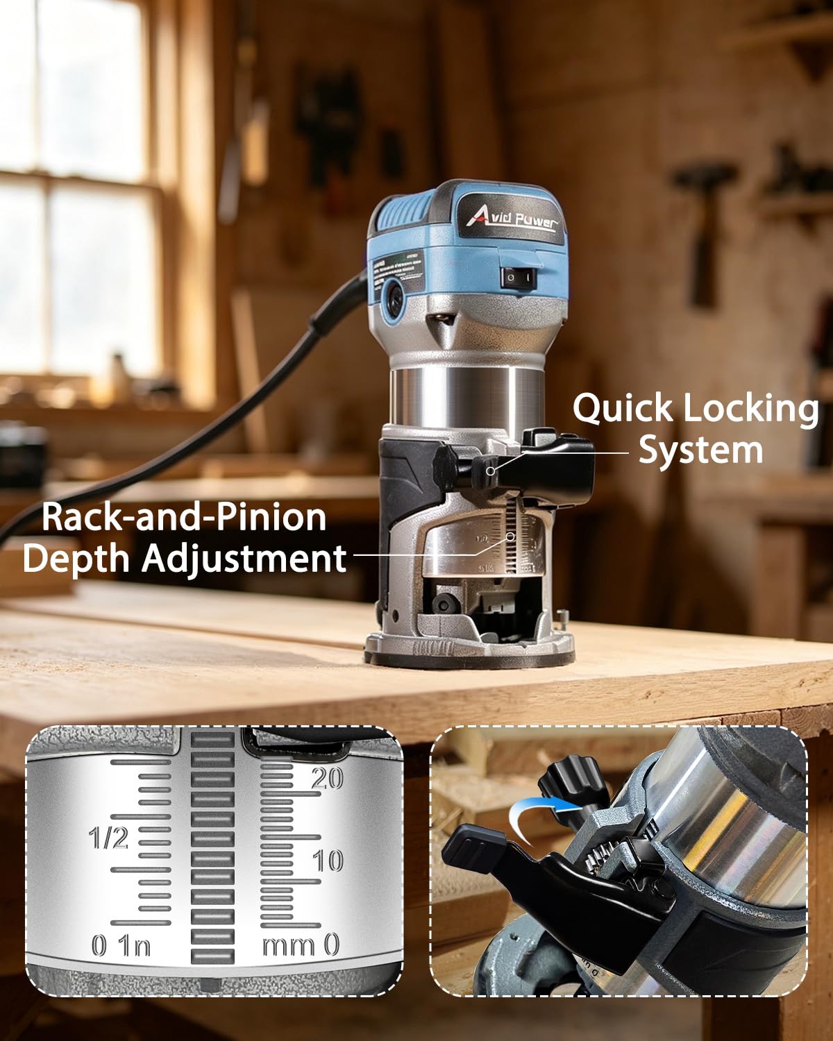 AVID POWER - Herramienta de enrutador compacto de 6.5A, 1.25HP, Aluminio, Base Fija, 6 Velocidades, Guía de Borde, 5 Brocas, Guía de Rodillo, Campana Antipolvo, Pinza, Llave