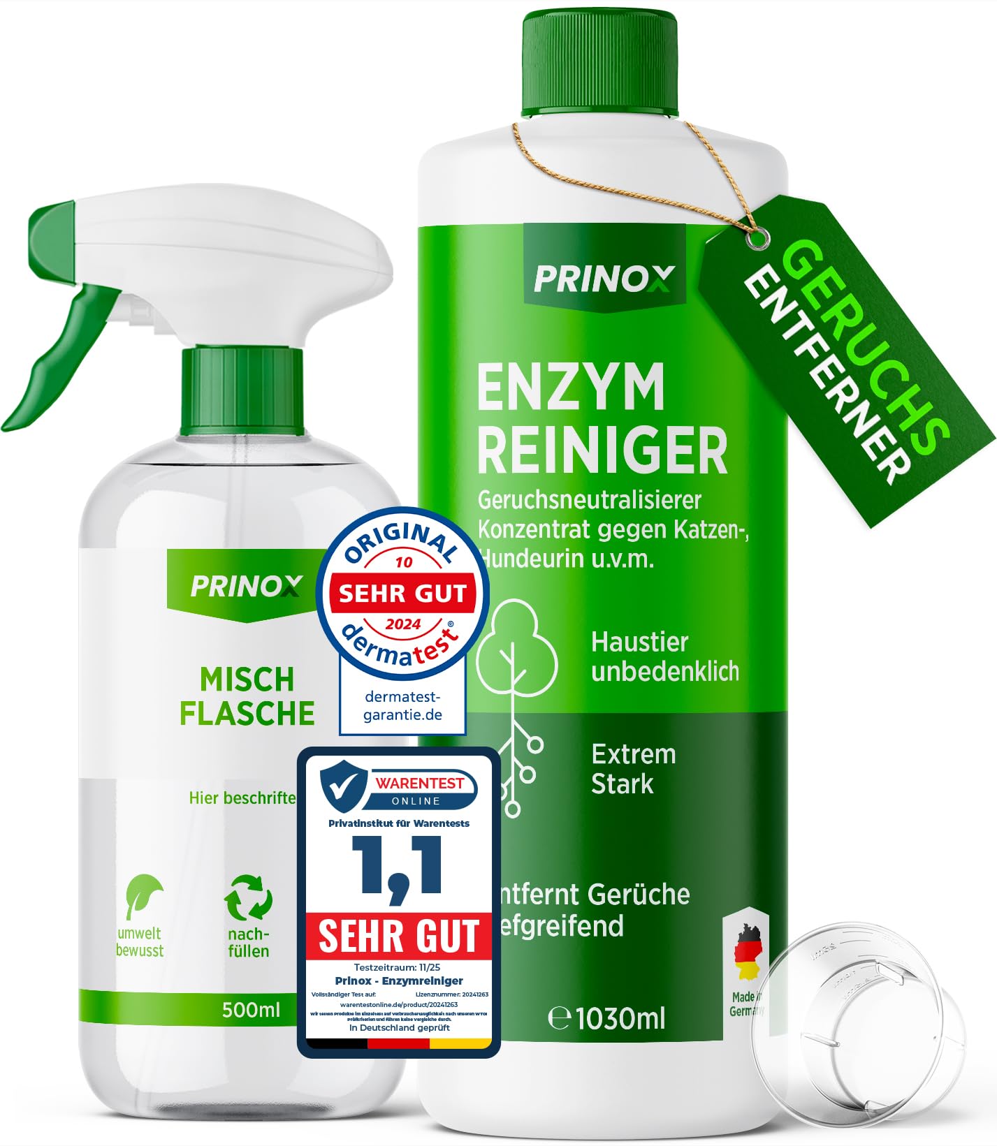 Enzymreiniger Konzentrat 1030ml XXL SET inkl. Mischflasche - STARKER GERUCHSENTFERNER - Ergibt bis zu 40L Geruchsneutralisierer - Beseitigt Hundeurin, Katzenurin Geruch tiefgreifend uvm. I Made in DE