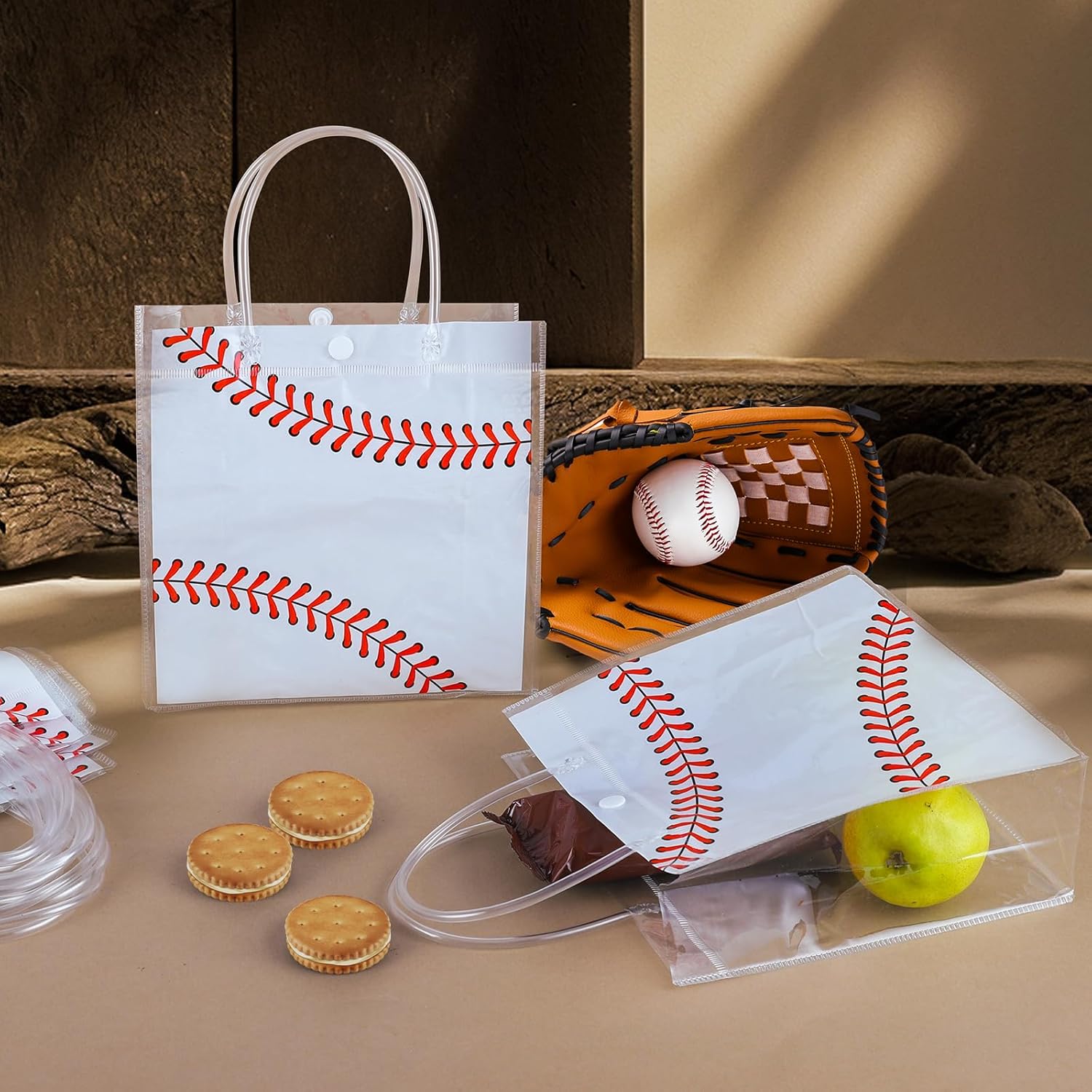 PLUVAVA 16 Pieces Baseball Clear Gift Bags Baseball Transparent Treat Goodie Bags Sport Clear PVC Snack Bag with Handles for Sports Team Birthday Holiday Party Decorations Supplies (Baseball)