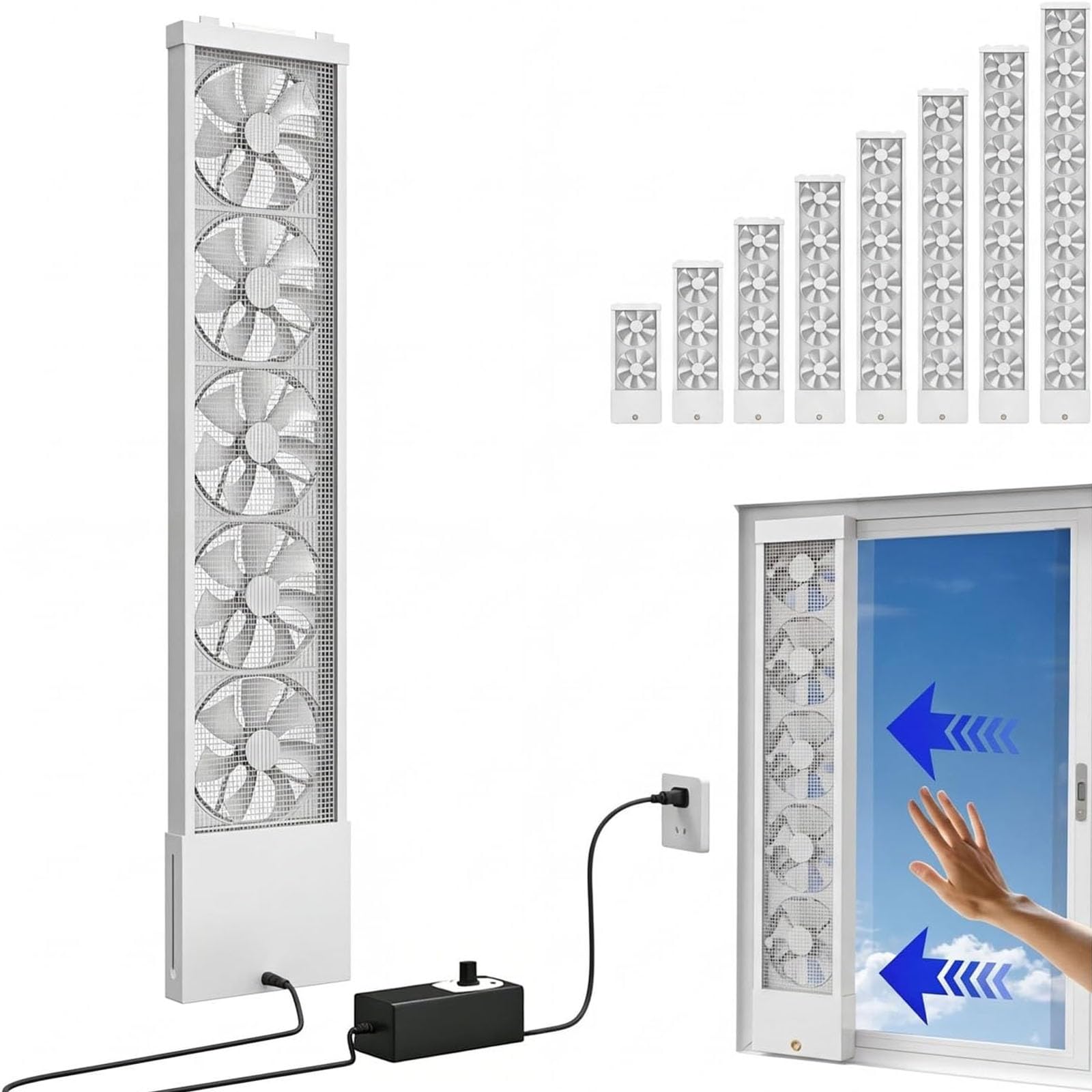 Vertikaler Fensterventilator für Schiebefenster, Ruhiger umkehrbarer Luftstrom-Abluftventilator mit variabler Geschwindigkeit, Wasserdichte No-Bohr-Rückzugslüftung, für Schlafzimmer Bad white 85-95cm